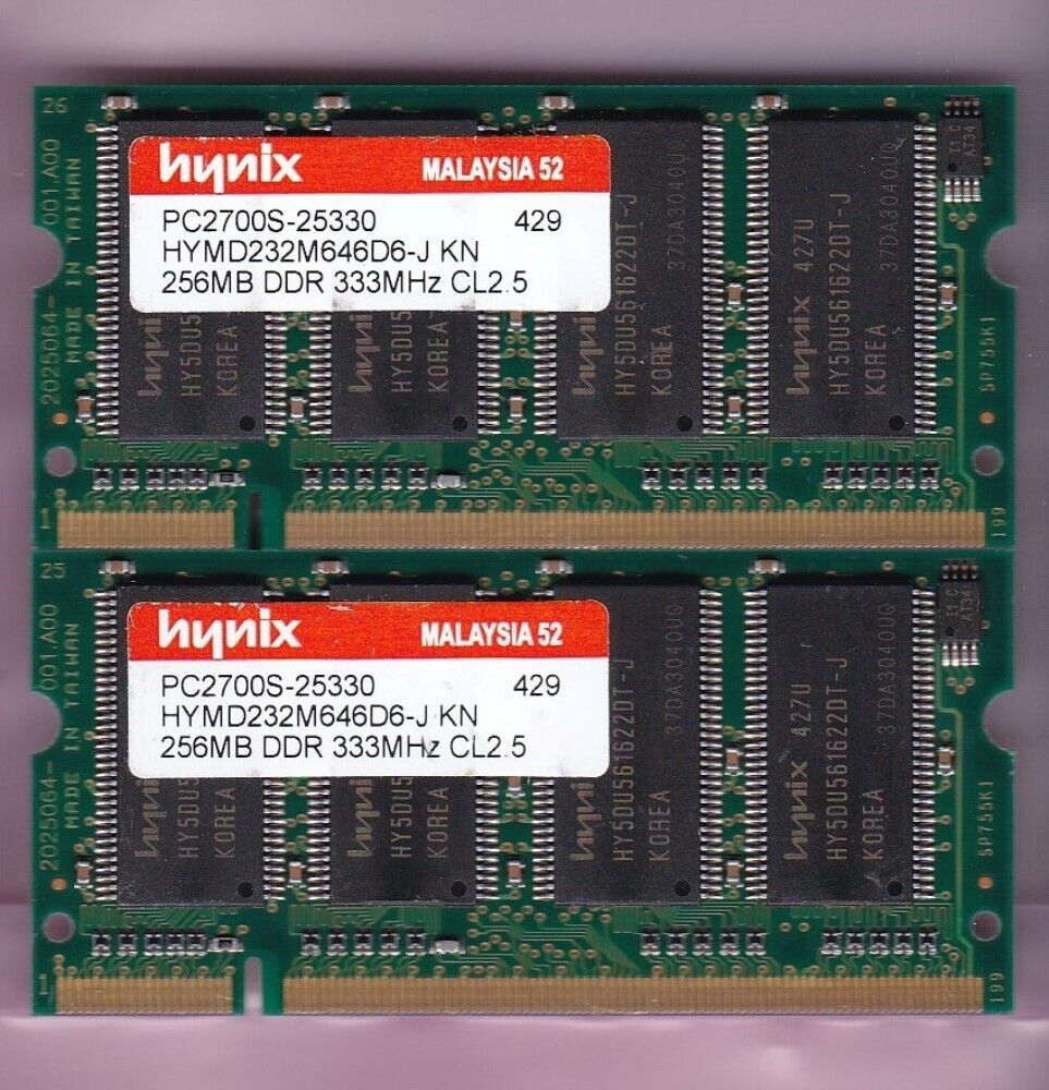 512MB 2x256MB PC2700S HYNIX HYMD232M646D6-J KN DDR-333 LAPTOP SODIMM Memory Kit