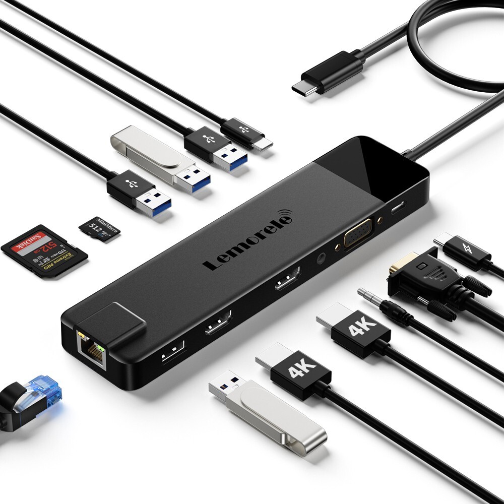 Lemorele Adapter Hub 3.0 Usb Pd100w 4k Hdmi Rj45+vga Tf/sd, suitable for laptops