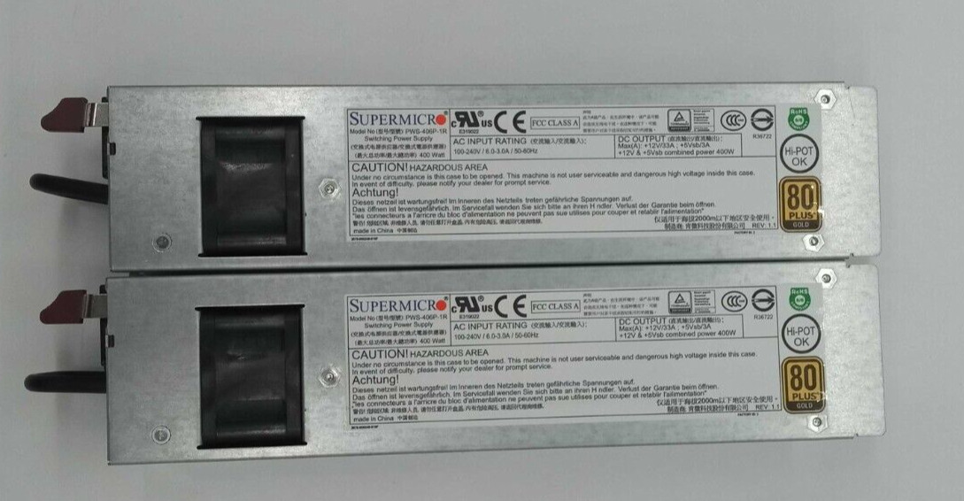 Lot of 2 SuperMicro PWS-406P-1R 400W Switching Power Supply 80 plus gold