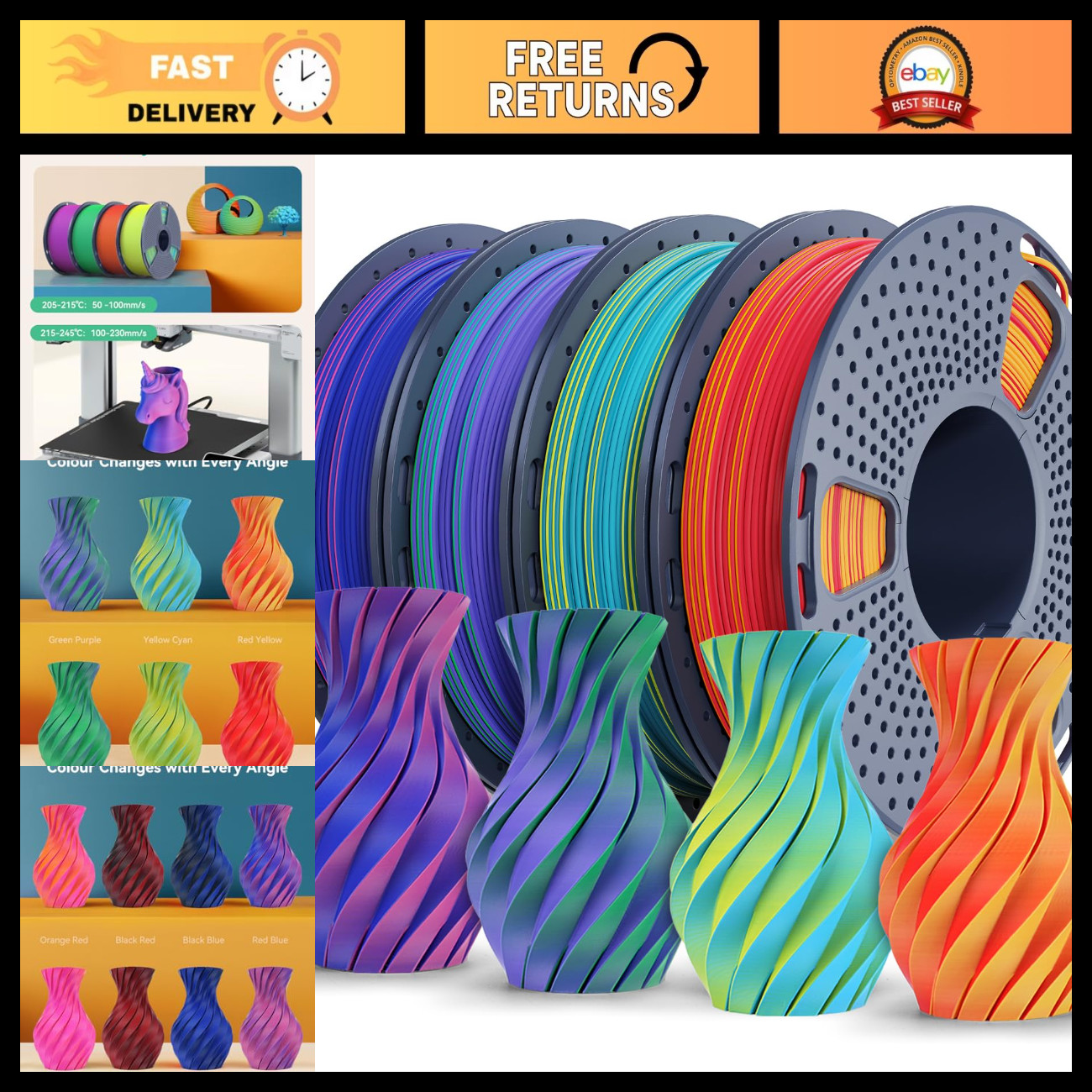 Dual Color Matte PLA Filament 1.75mm - 250g Spool, 4 Rolls for 3D Printing