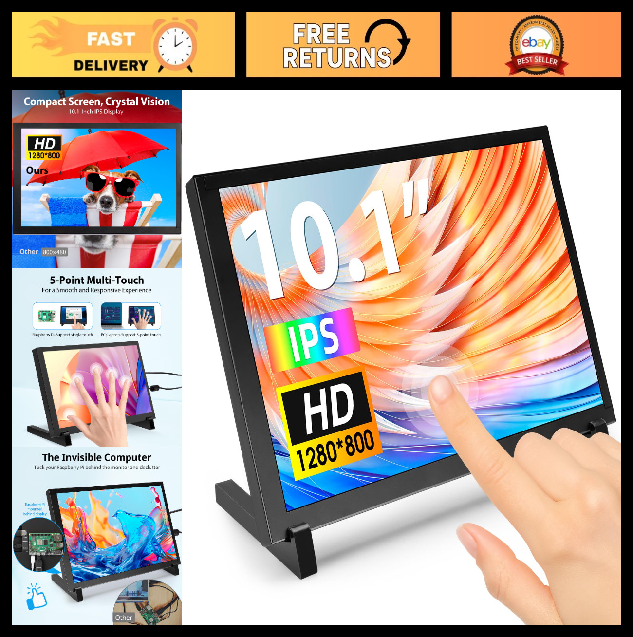 10.1" Touchscreen Monitor, 1280x800 IPS HD Display, Portable Touch Screen for Ra
