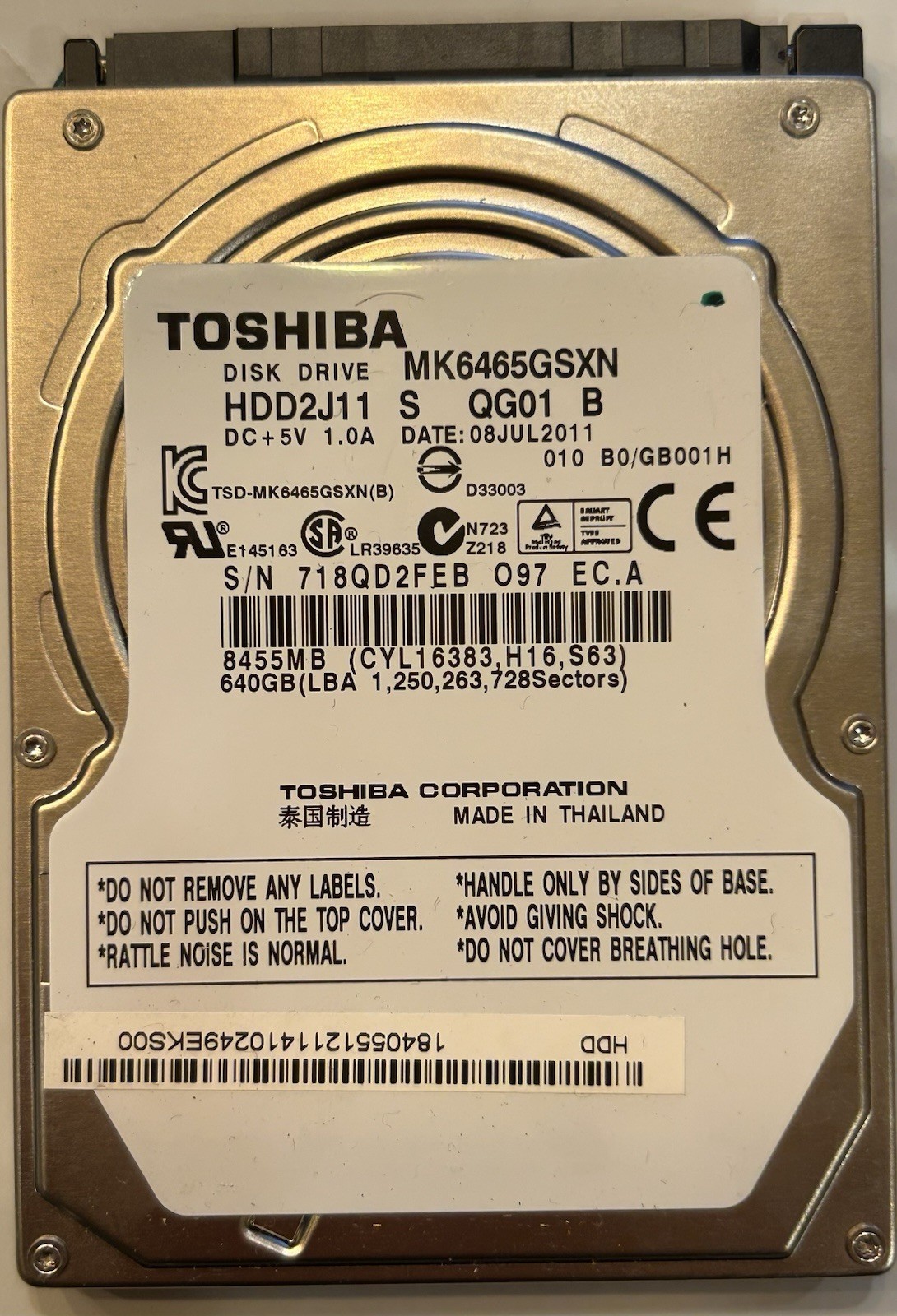 Toshiba 640 GB,Internal,5400 RPM,2.5" (MK6465GSXN) HDD