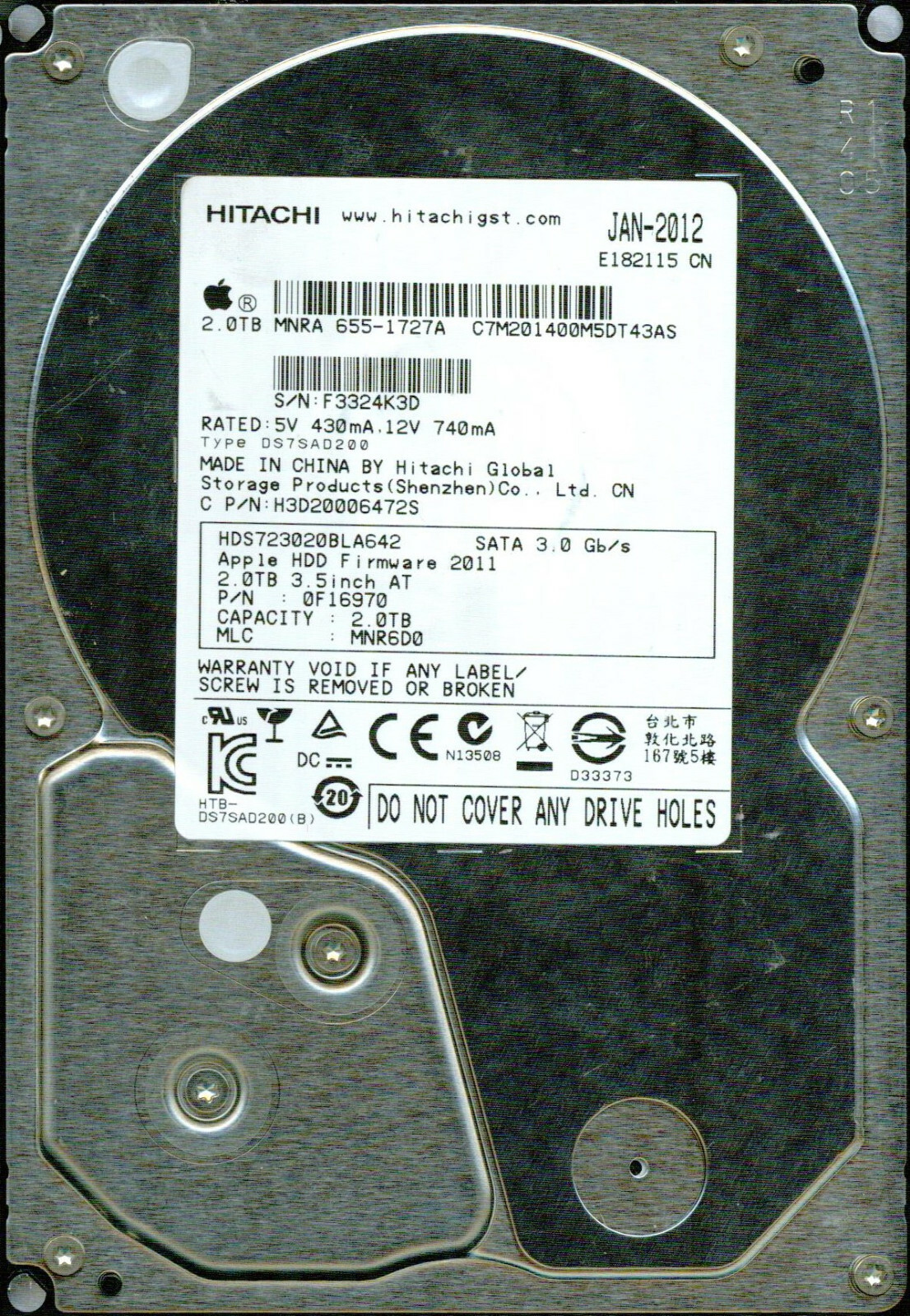 HDS723020BLA642 P/N: 0F16970  MLC: MNR6D0   HITACHI SATA 2TB  JAN-2012