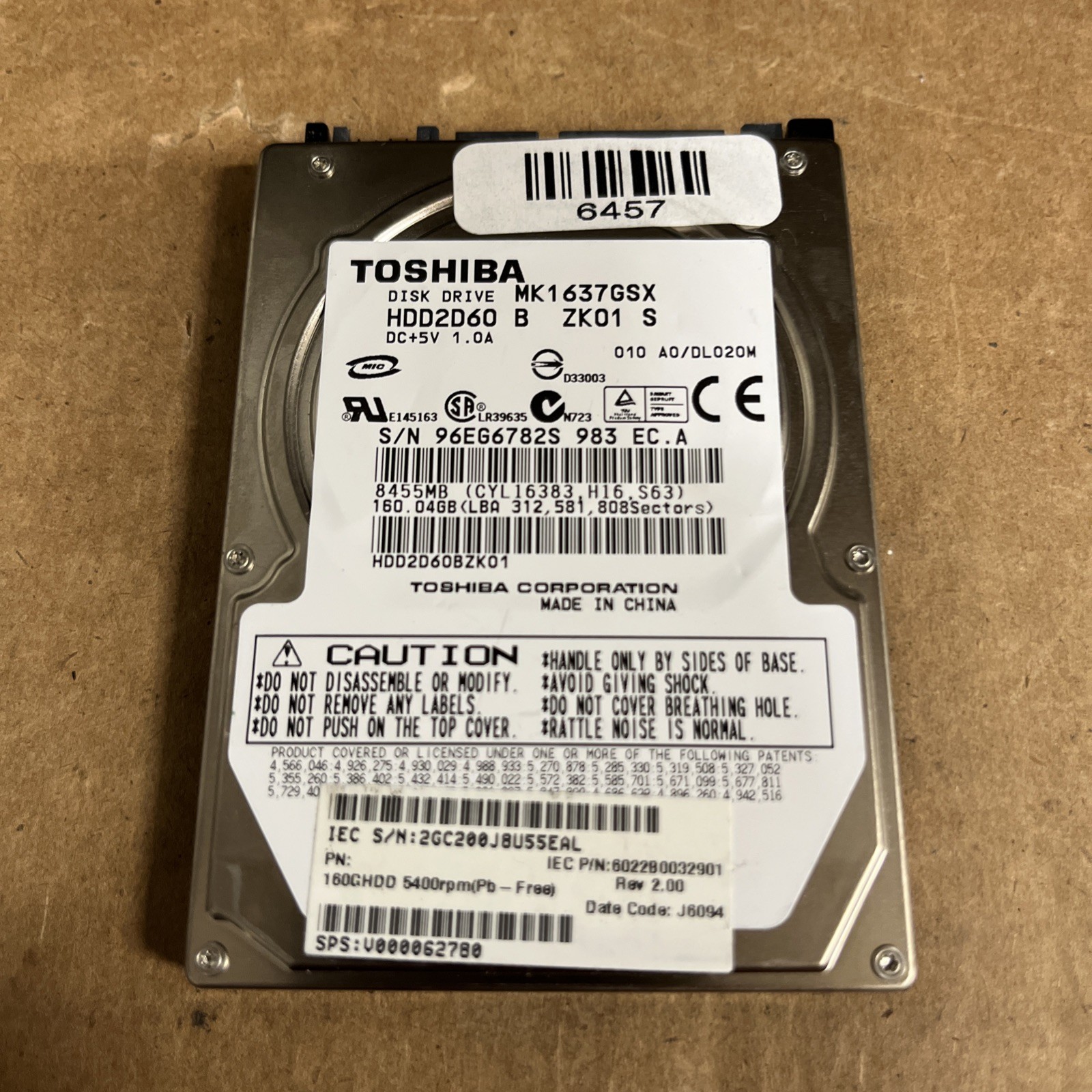 Toshiba MK1637GSX 160GB SATA 5400 RPM Hard Drive HDD2D60 B ZK01 S