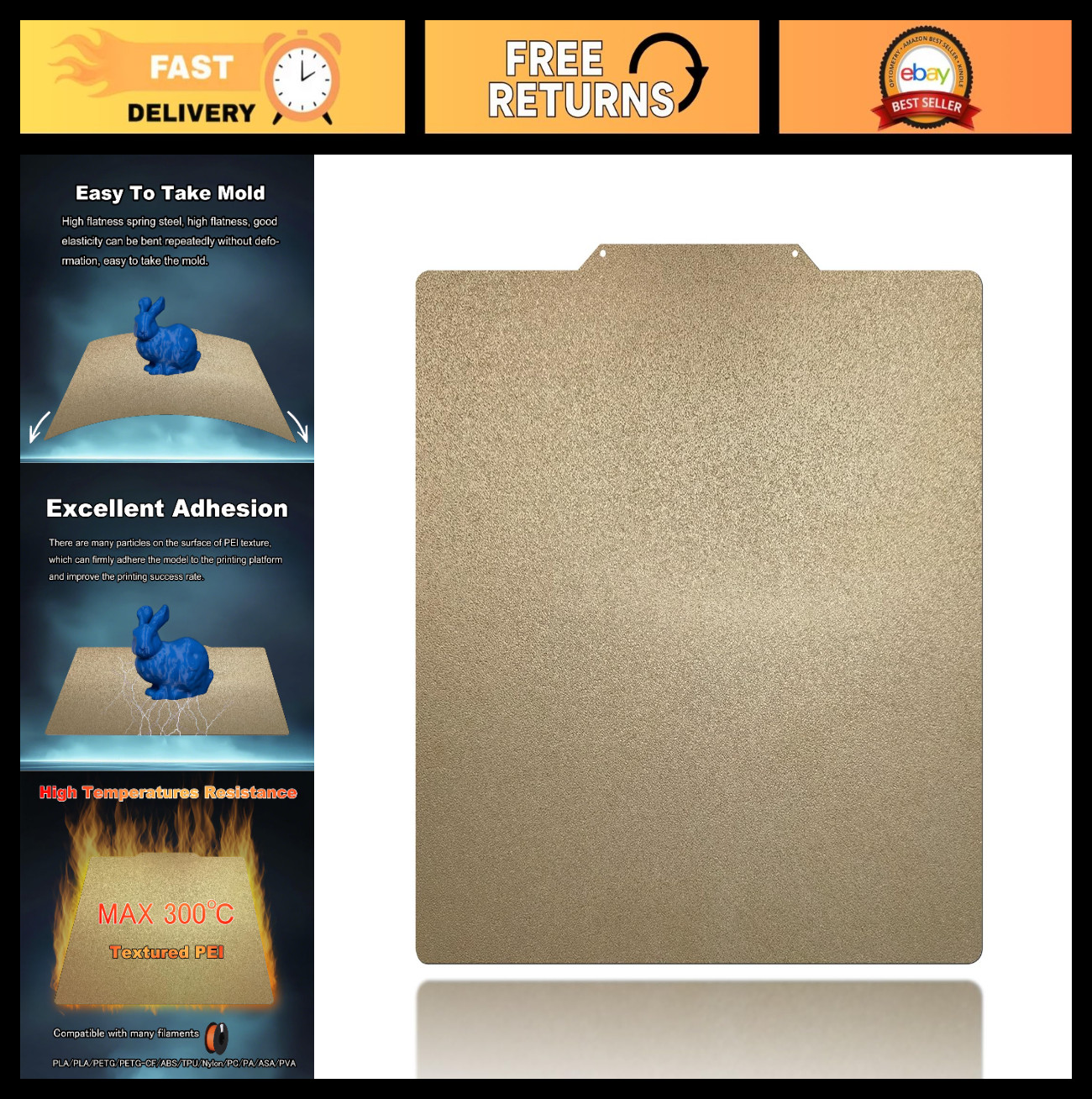 377x370mm Gold PEI Build Plate - Double-Sided Textured Flexible Steel Platform f