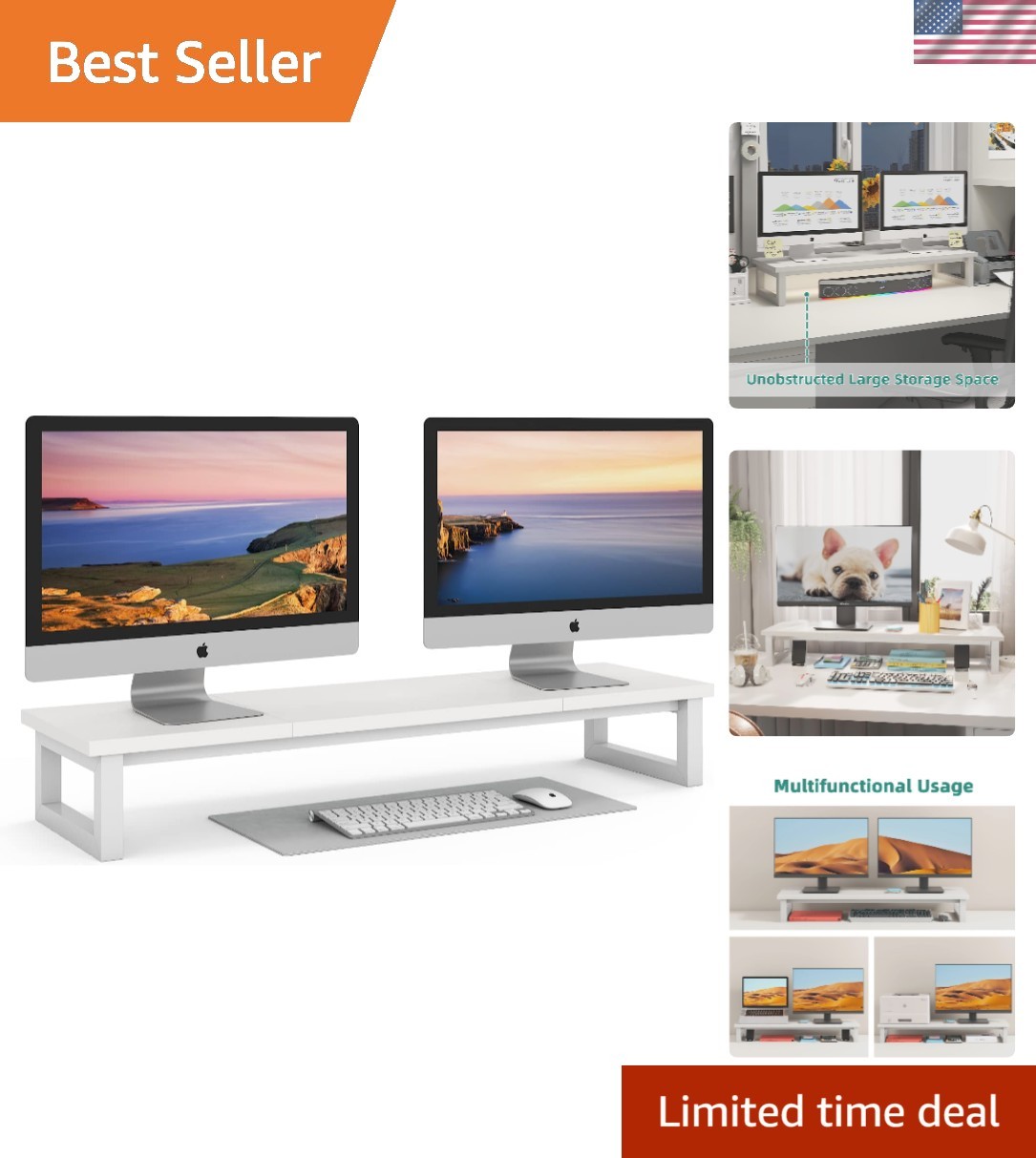 39-Inch Dual Monitor Stand Riser - Elegant Wooden Organizer for 2 Monitors