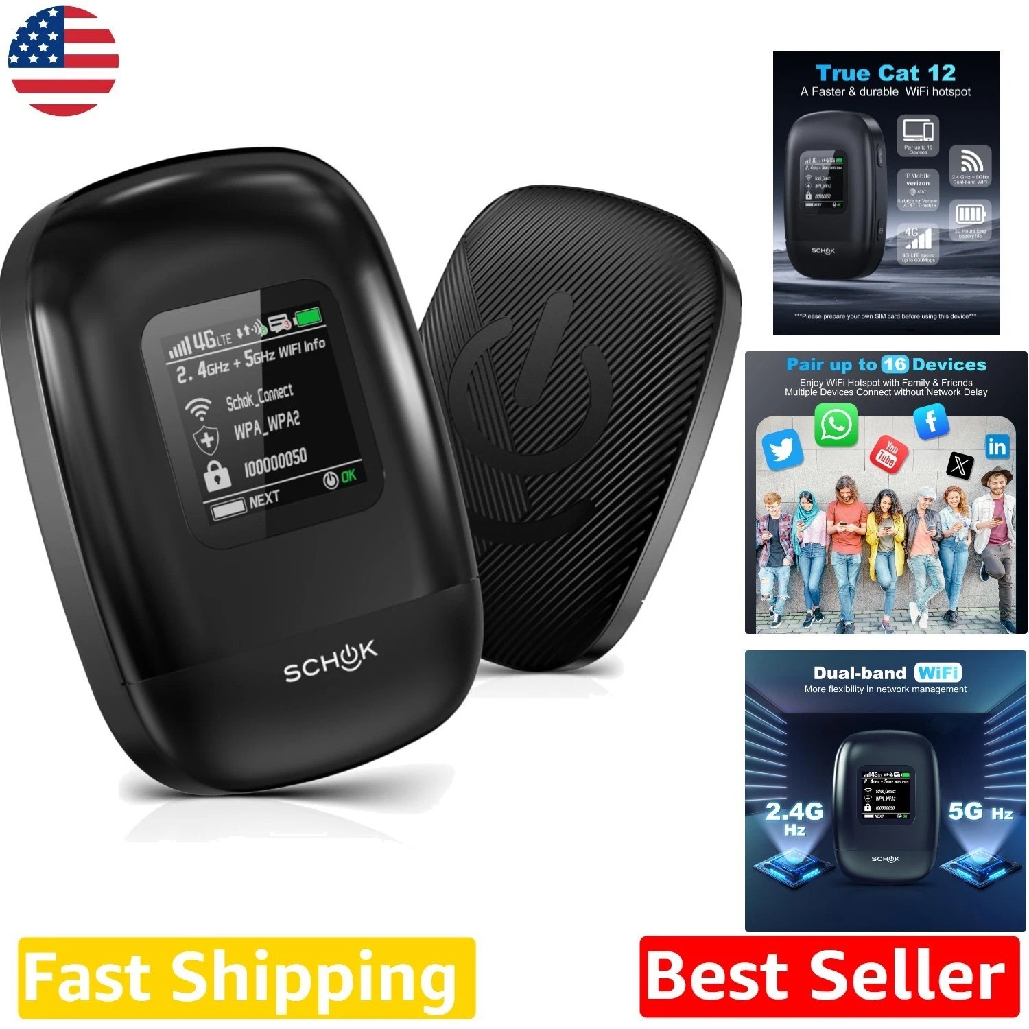 4G LTE Portable WiFi Hotspot, Cat 12, 600Mbps, 16 Devices, Travel Ready