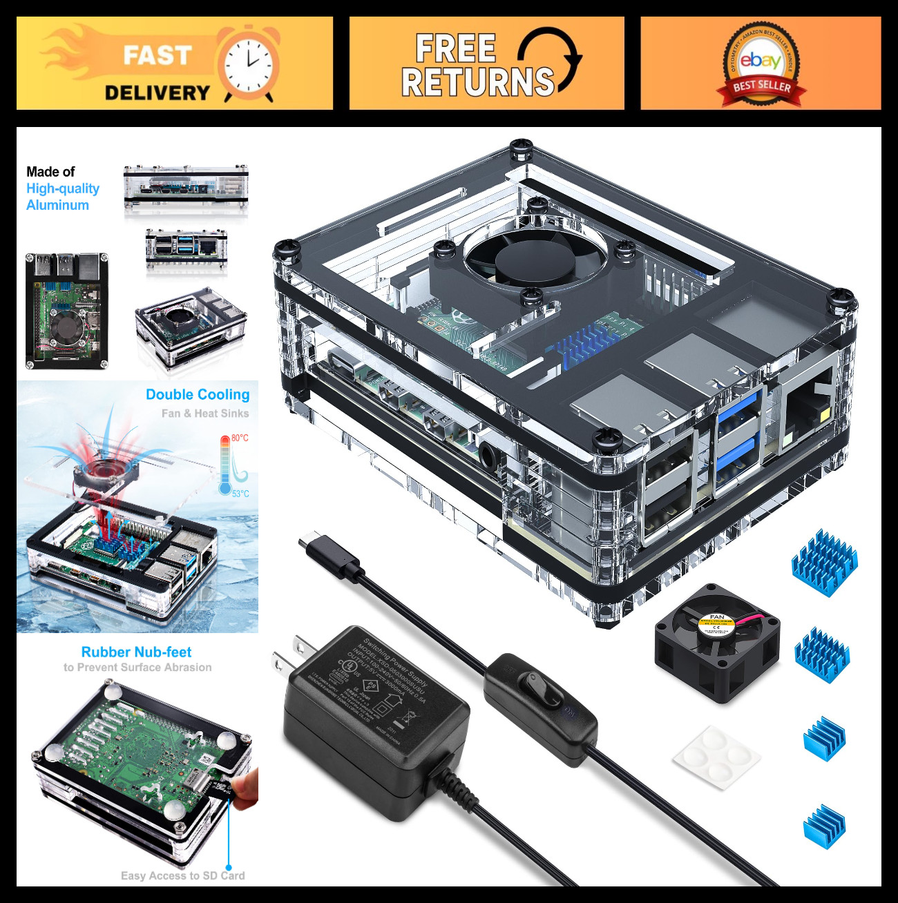 Raspberry Pi 4 Case with Cooling Fan, Power Supply & Heatsinks - Acrylic Shell,
