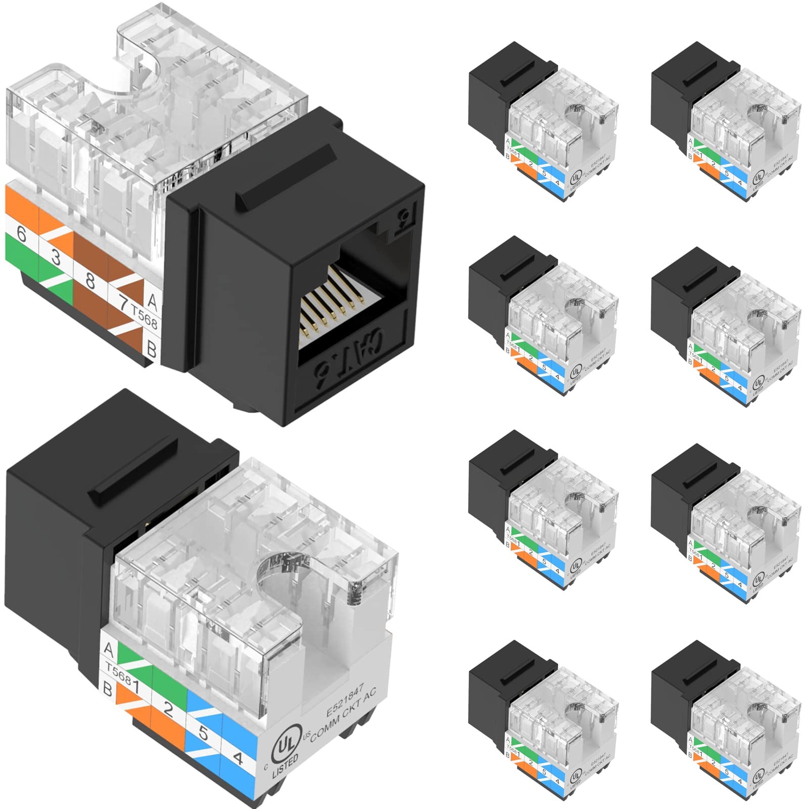 10-Pack Cat6 RJ45 Keystone Jack, Black, 90-Degree, UTP, Punch Down, UL-Listed