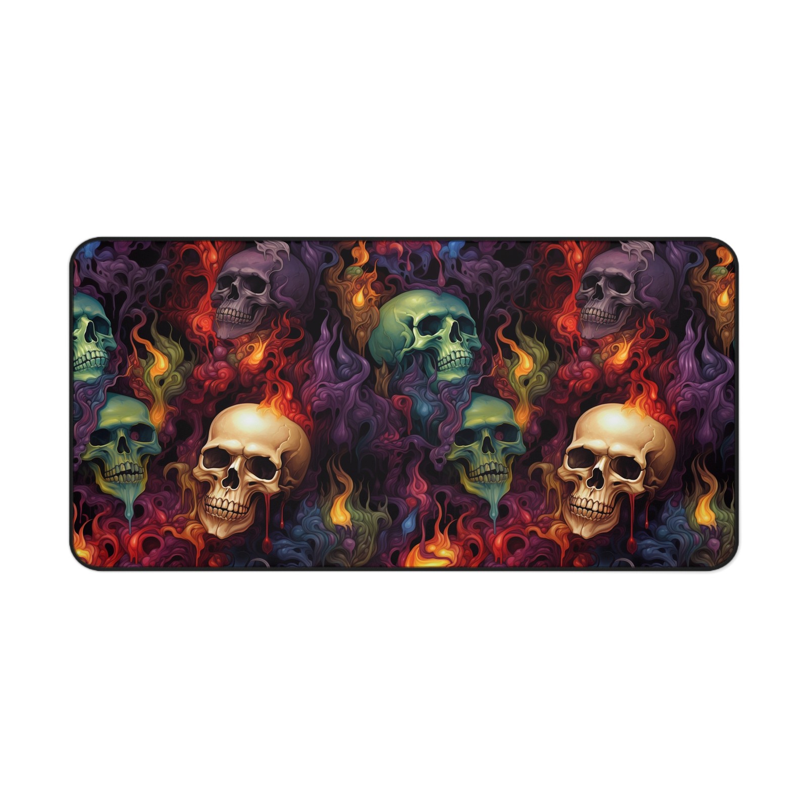 Flaming Skulls Desk Mat | Gothic Skull Pattern Mouse Pad | Neon Keyboard Mat