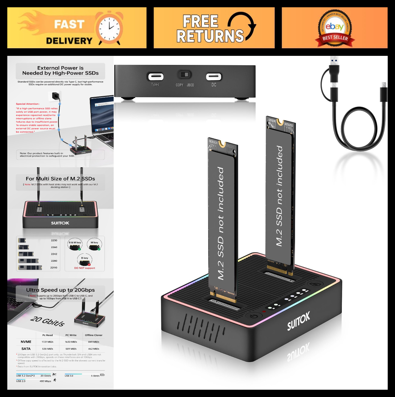 Dual-Bay M.2 Duplicator Cloner Dock Station, 20Gbps USB C NVMe SATA Reader, 2211