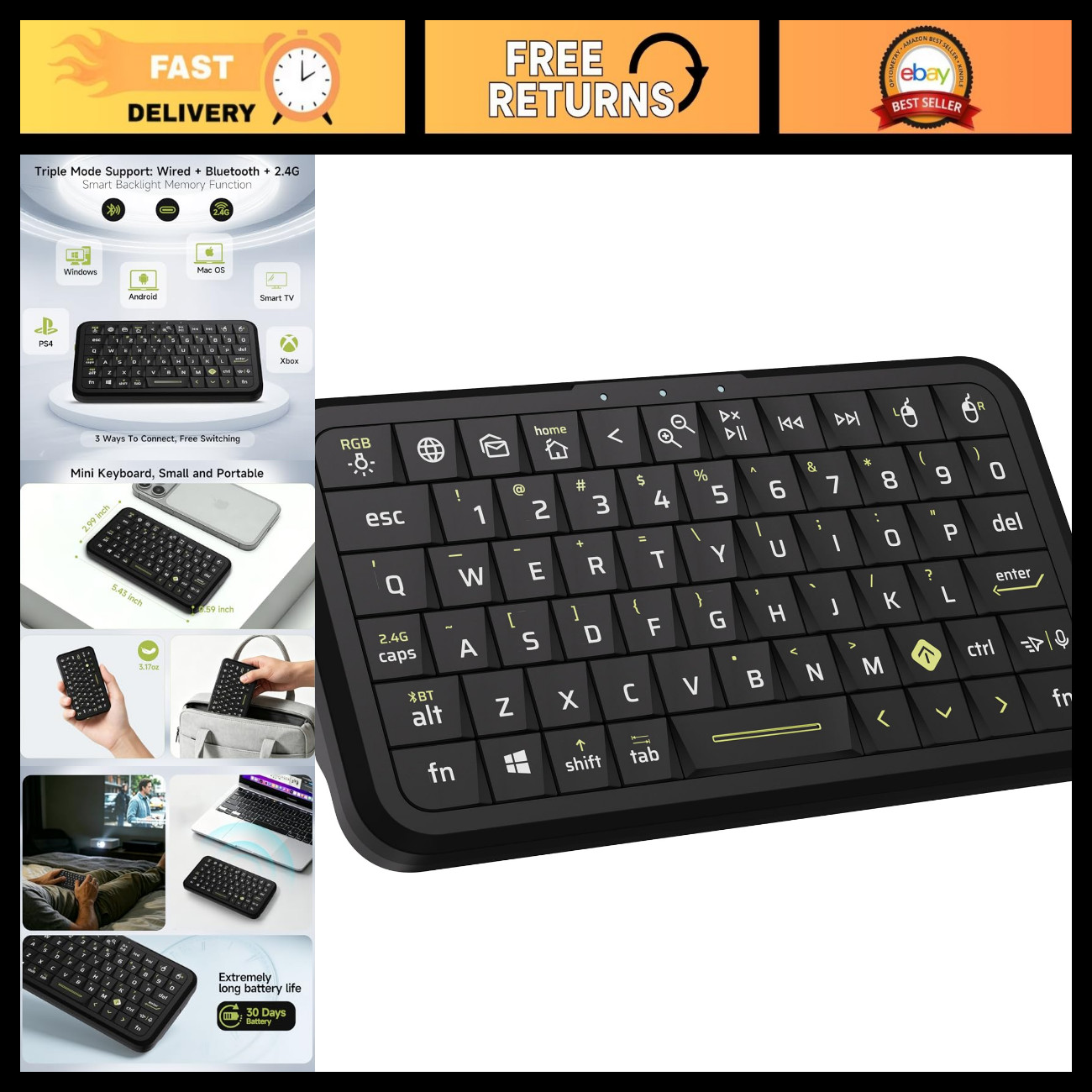 Ultra-Slim Mini Keyboard, Triple Mode (2.4G/Bluetooth/USB-C), RGB Backlit, Air M
