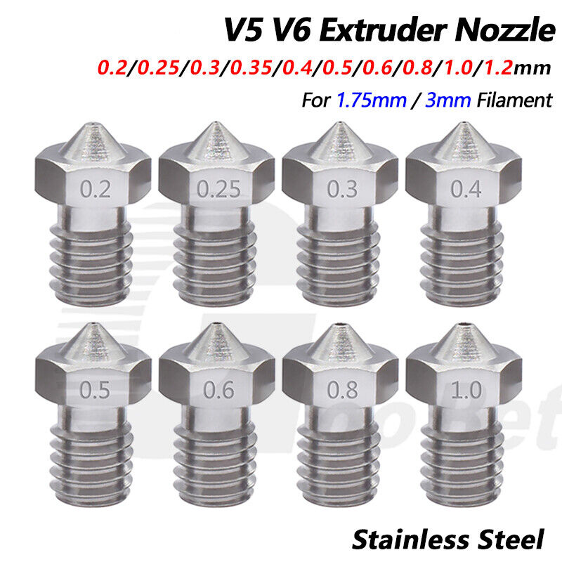 0.2mm to 1.2mm V5 V6 Stainless Steel Extruder Nozzle 3D Printer M6 1.75mm / 3mm