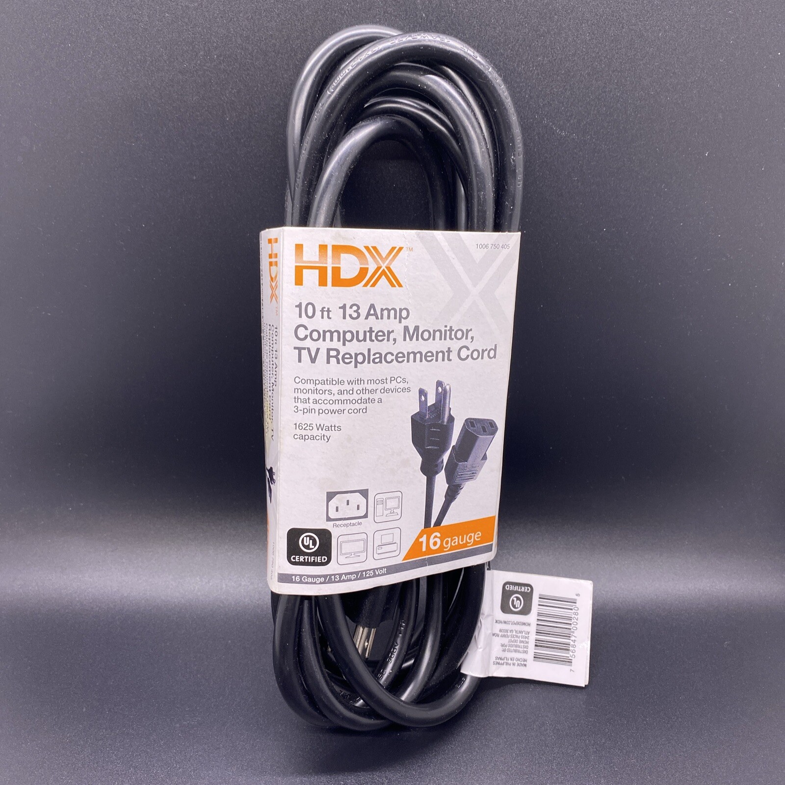 New HDX Replacement Cord For Computer Monitor TV Black 16/3" x 10' 1006 750 405