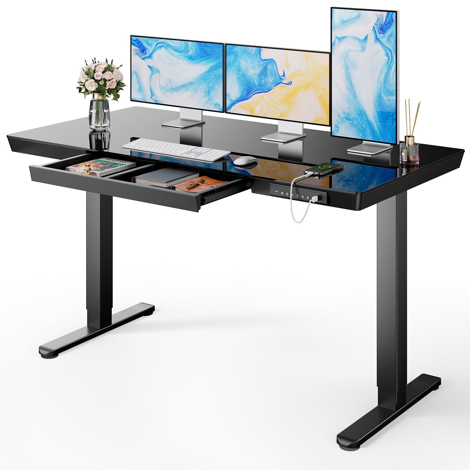Electric Standing Desk 55 x 28 Inch Adjustable Glass Black Marsail Drawer Ports