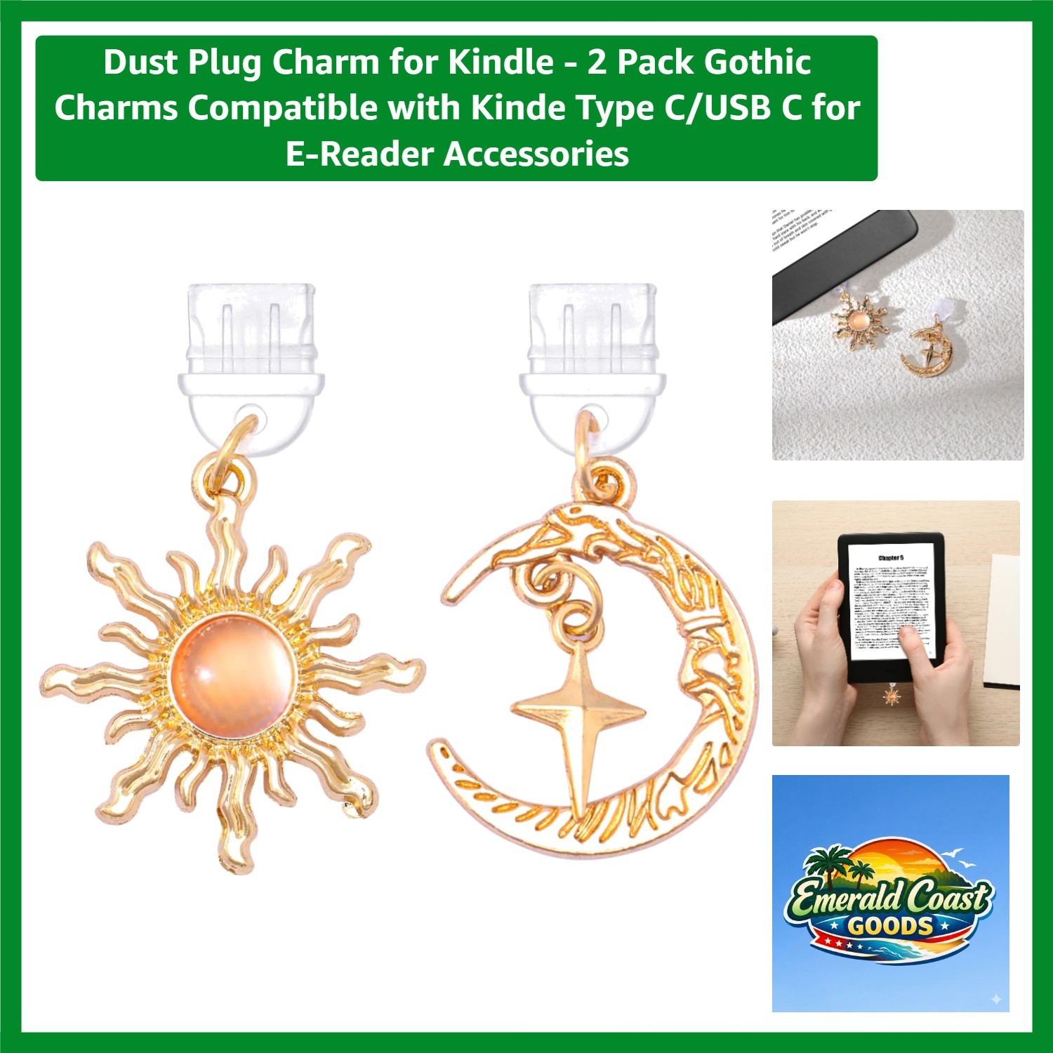 Elegant 2-Pack Dust Plug Charms for Kindle - Sun & Star Design for USB-C Devices