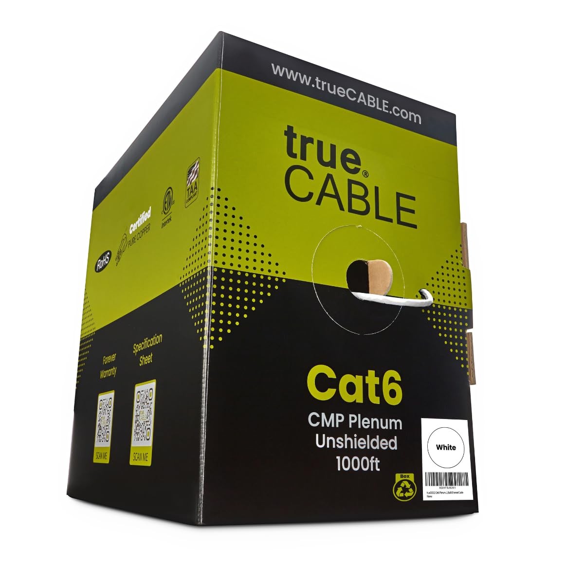trueCABLE Cat6 Plenum (CMP), 1000ft, White, 23AWG 4 Pair Solid Bare Copper, 550