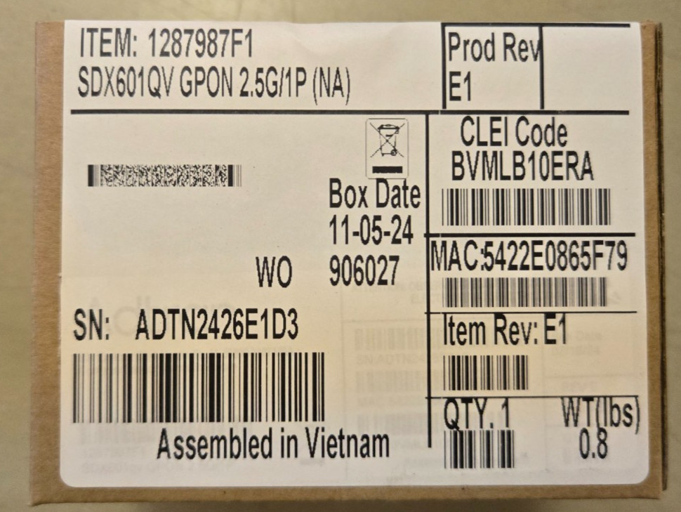 Adtran SDX 601QV GPON Simple ONT Fiber Optic Network Terminal 2.5GbE - 1287987F1