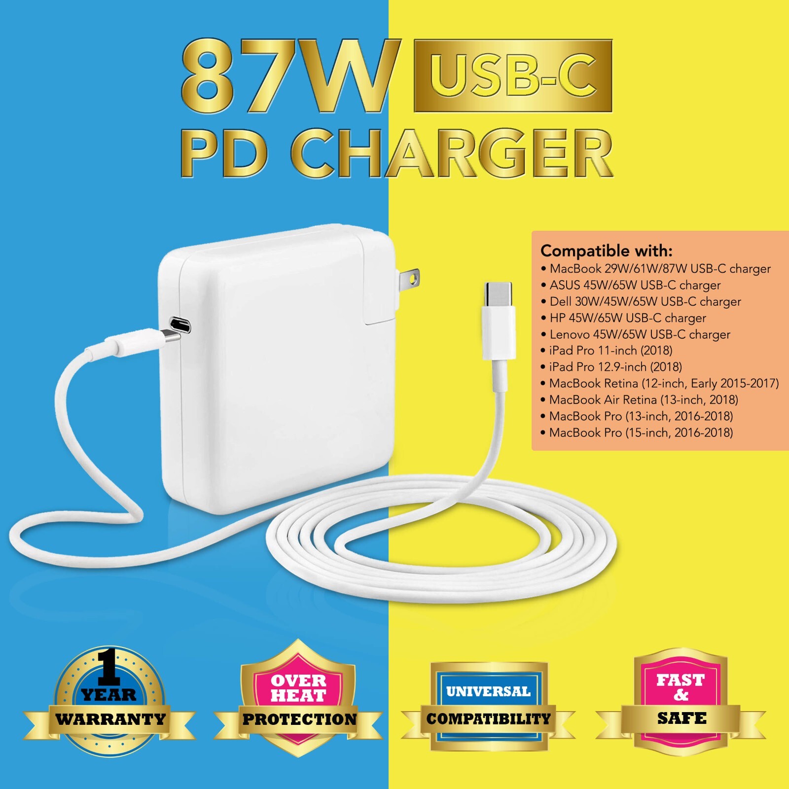 87W USB-C Power Adapter Charger For Apple iPad Pro 12.9" 2018 2020 (3rd/4th Gen)