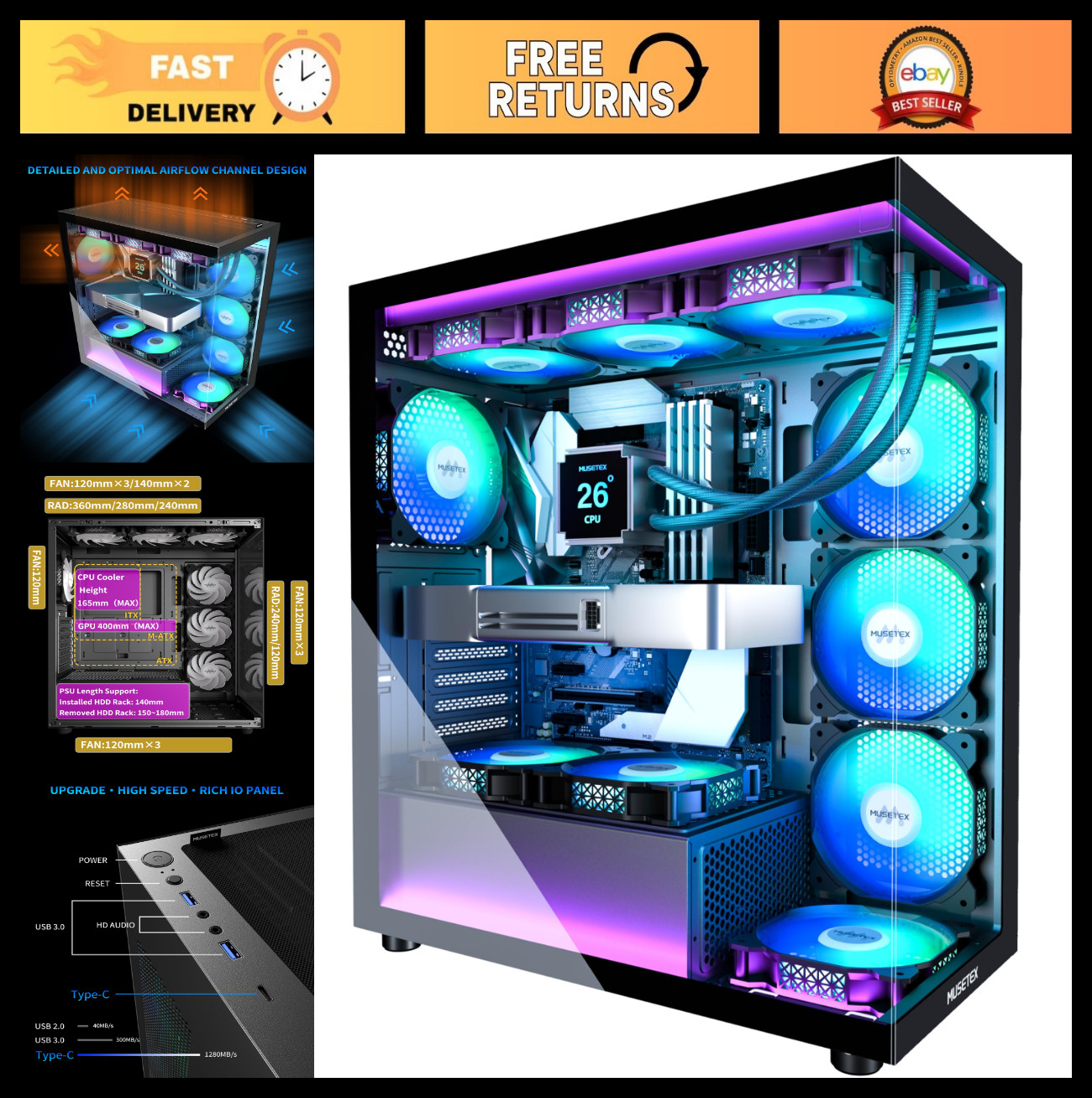 Mid Tower Gaming PC Case with 7 ARGB Fans, Type-C, Dual Tempered Glass, Black