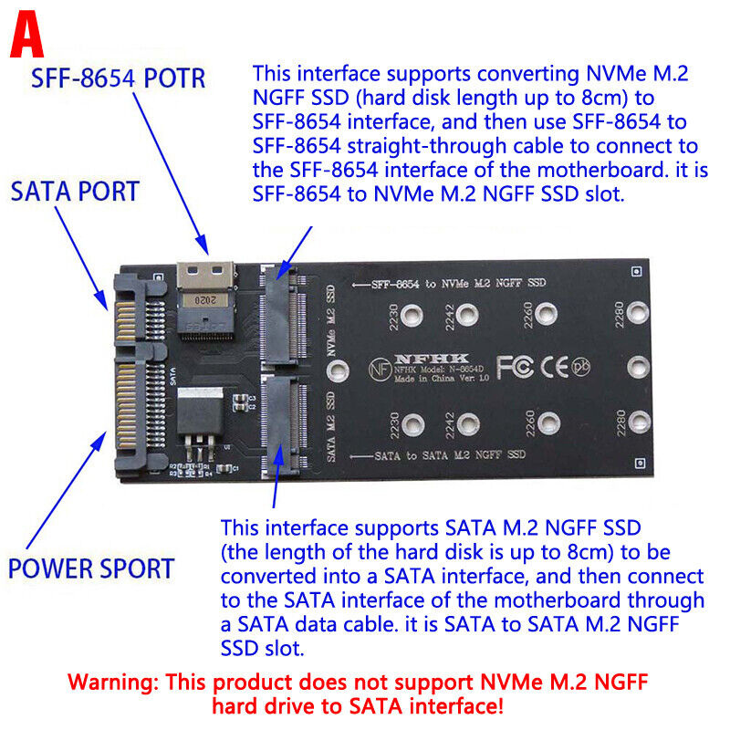 SATA M.2 SSD To SATA NVMe M.2 NGFF SSD To SFF-8654 Adapter Mainboard SSD Adap~gw