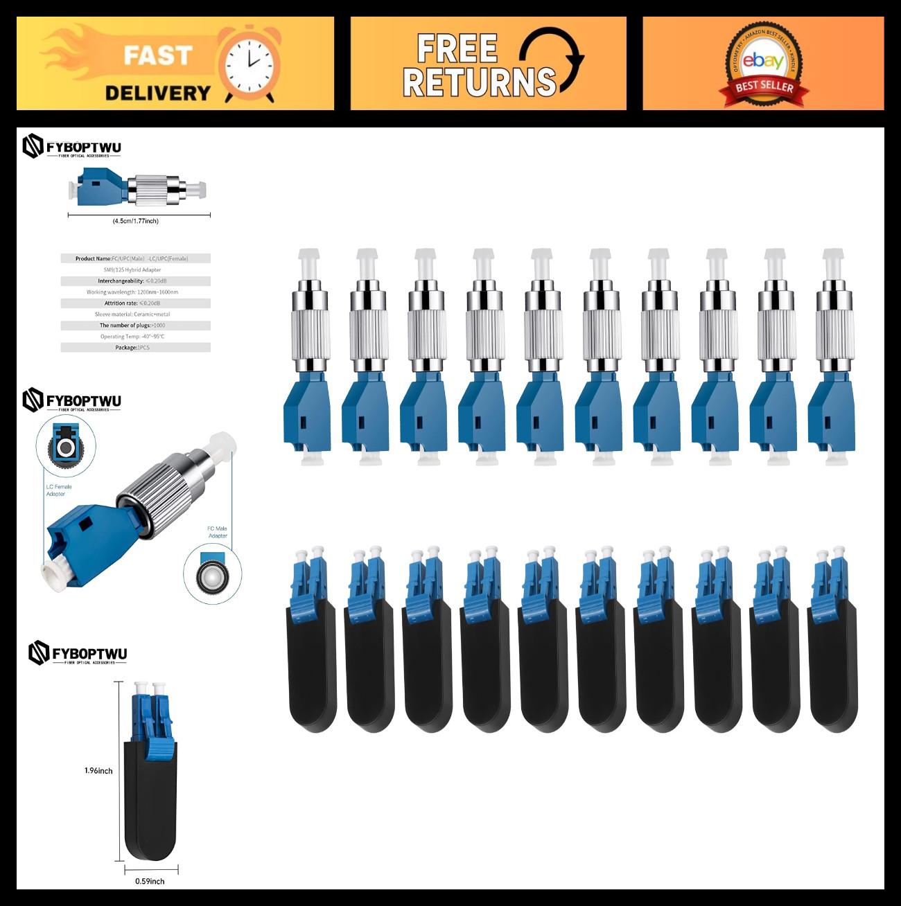 10 FC Male to LC Female Fiber Adapters + 10 LC/UPC OS2 Loopback Plugs - Testing