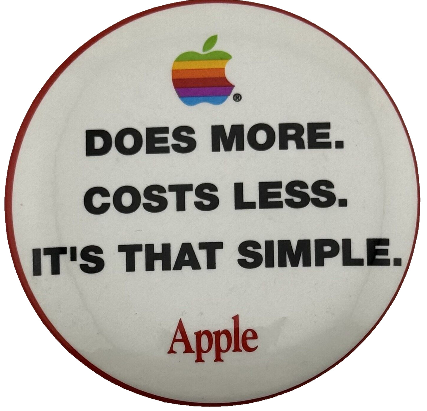 1980s APPLE COMPUTER DOES MORE COSTS LESS Badge Button 80s Pin Pinback Vintage