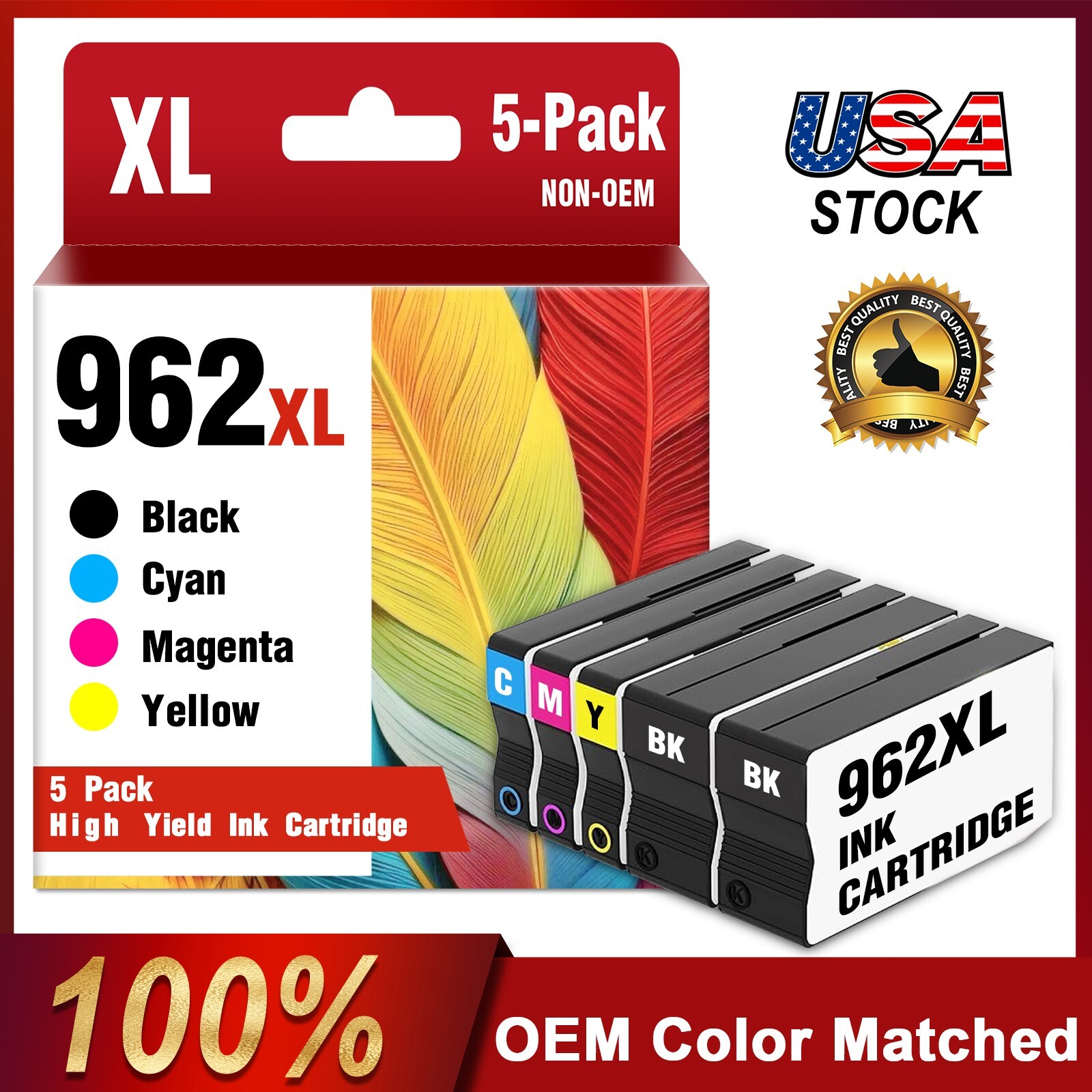 962XL Ink Cartridge Combo (5-Pack, 2BK/1C/1M/1Y) Replacement for HP 9018 9020