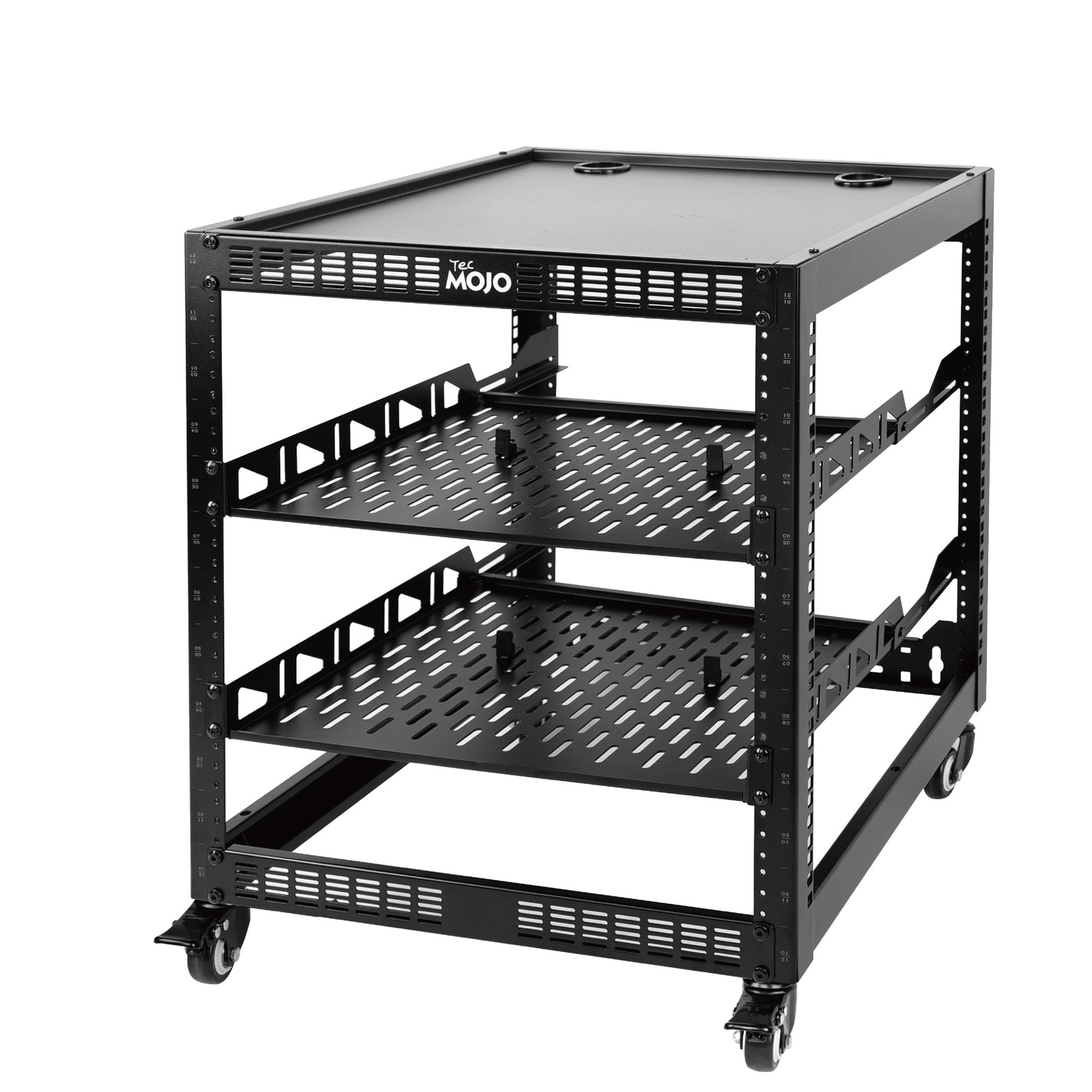TECMOJO 12U Open Frame Network Rack for IT & AV Gear, with Casters, Black