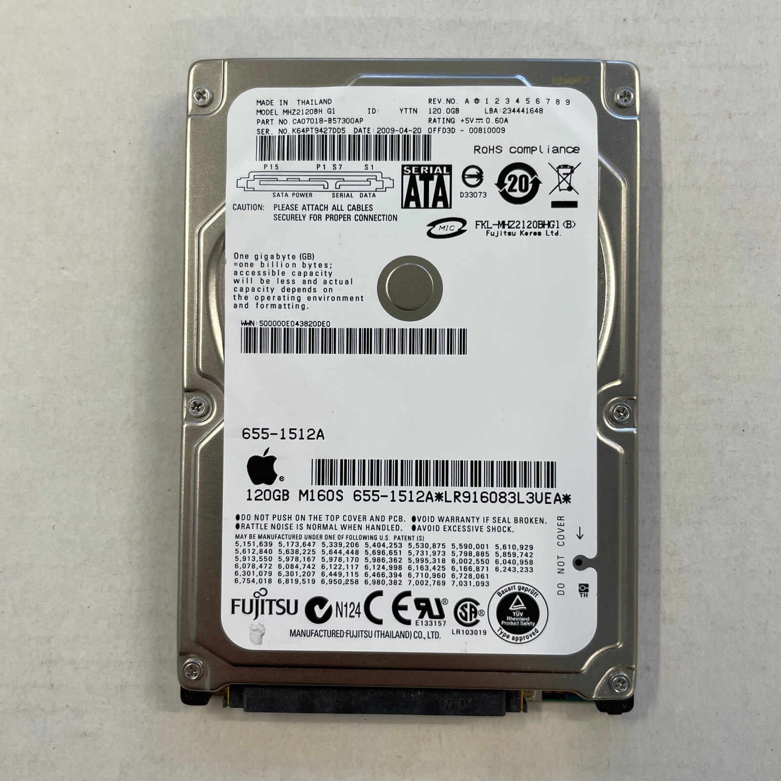 Fujitsu MHZ2120BH G1 120GB 2.5" SATA HDD 5400RPM 3GB/s 8MB Cache Apple 655-1512A