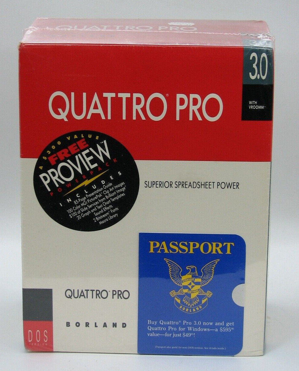 NEW SEALED vintage Borland Quattro Pro 3.0 DOS 3.5, 5.25 Floppy VROOMM 