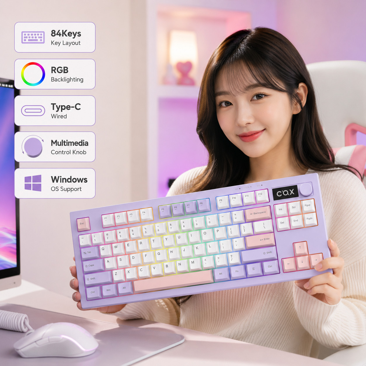 COX CM87KD RGB Wired TKL Keyboard Lavender Compact 84 Keys USB-C