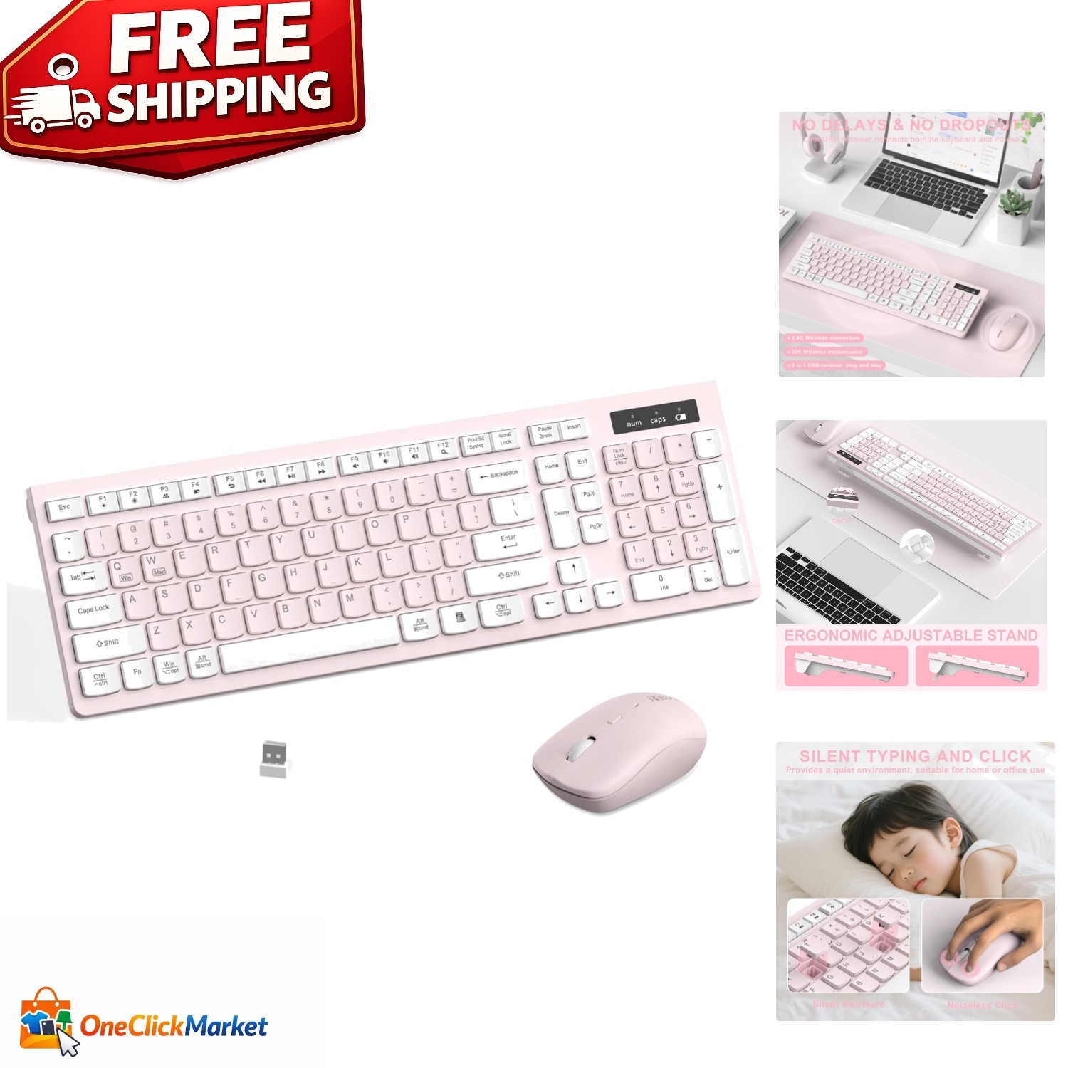 Elegant Pink & White Wireless Keyboard & Mouse Combo with 3 DPI Adjustable Logic