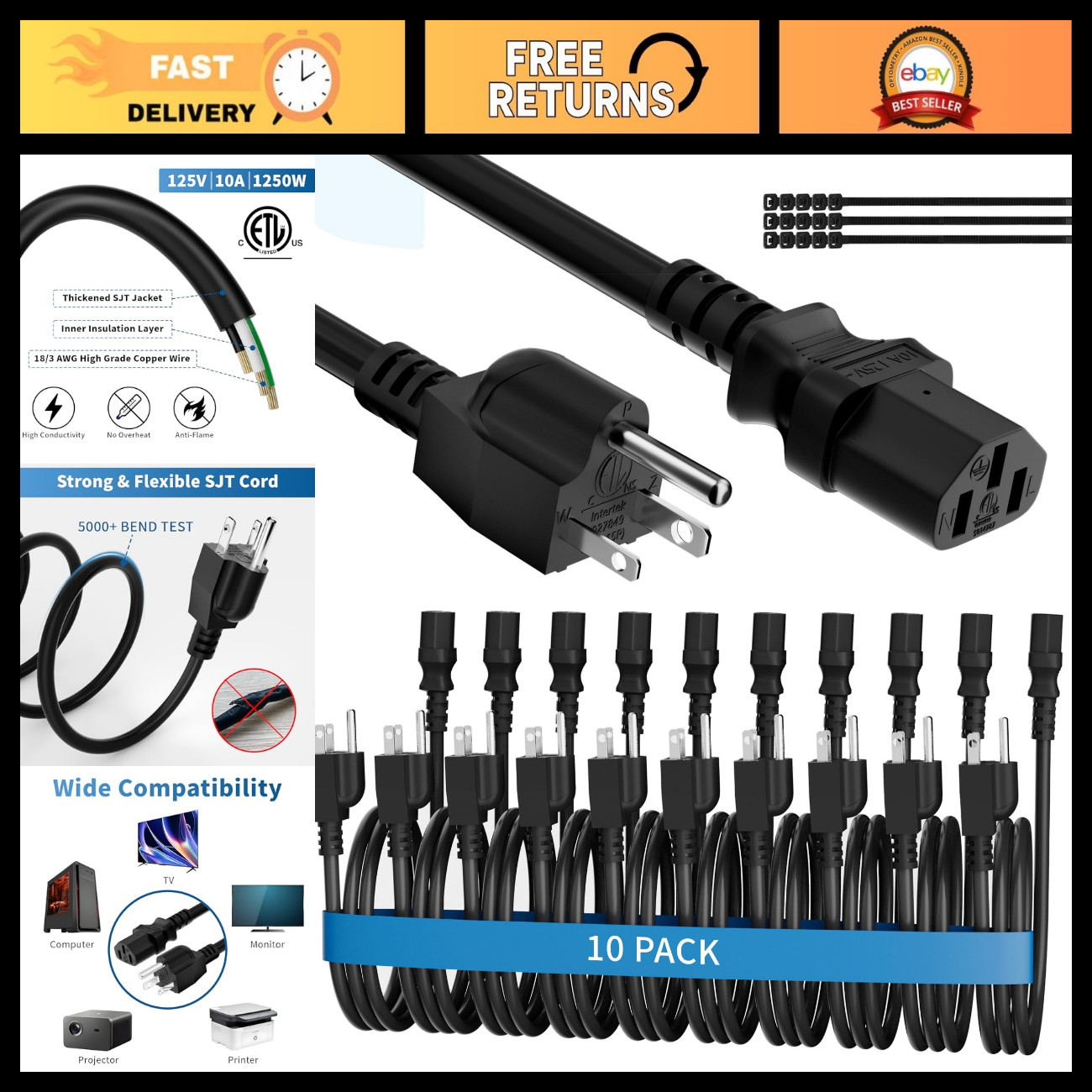 Universal 3-Prong AC Power Cord 3ft - 10 Pack, IEC C13 Cable for PC, Treadmill,