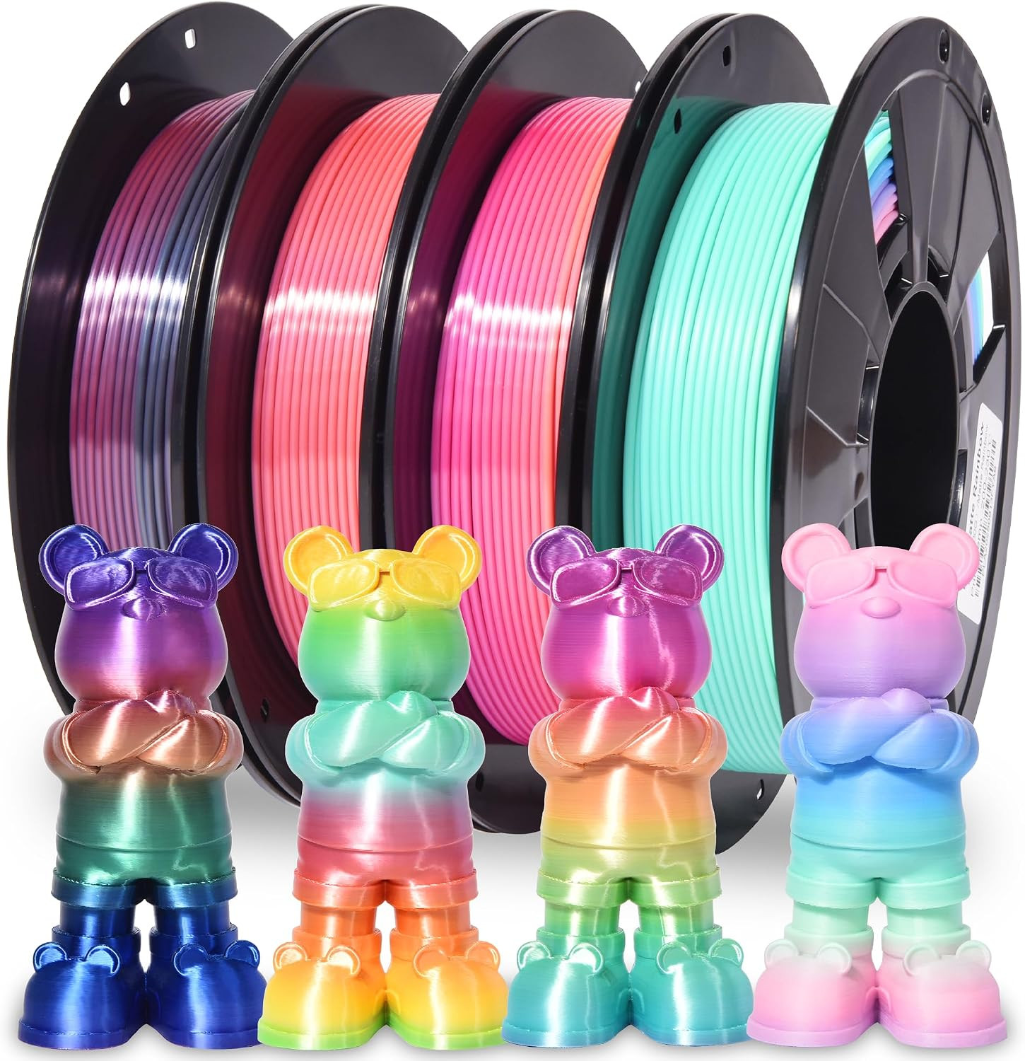 Silk Matte Rainbow 3D Printer Filament PLA 1.75Mm, 4-Pack | Fast Color Change, T