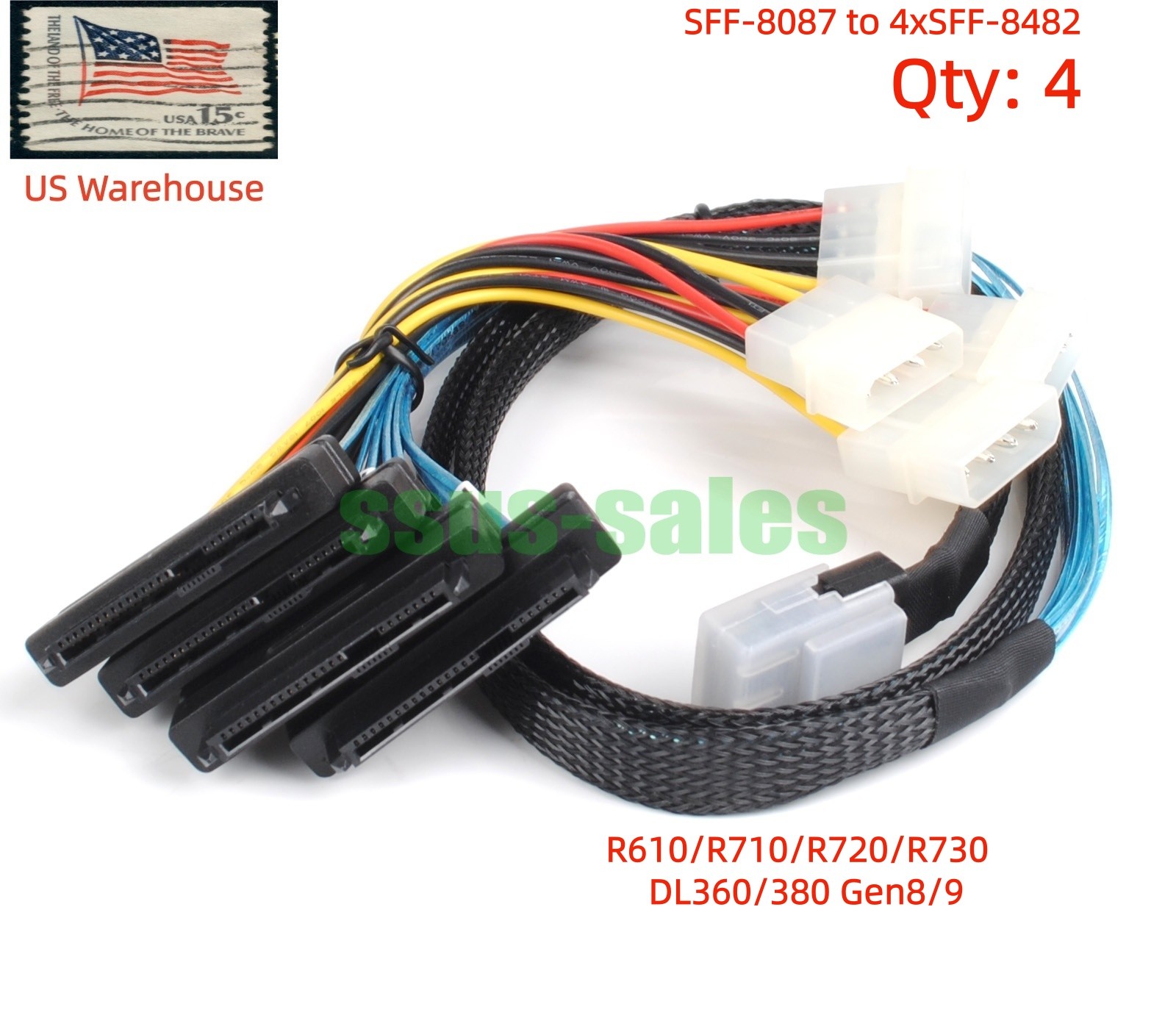4PCS SFF-8087 to 4xSFF-8482 Cable with IDE 2.5/3.5-inch SAS Connectors 1M R710