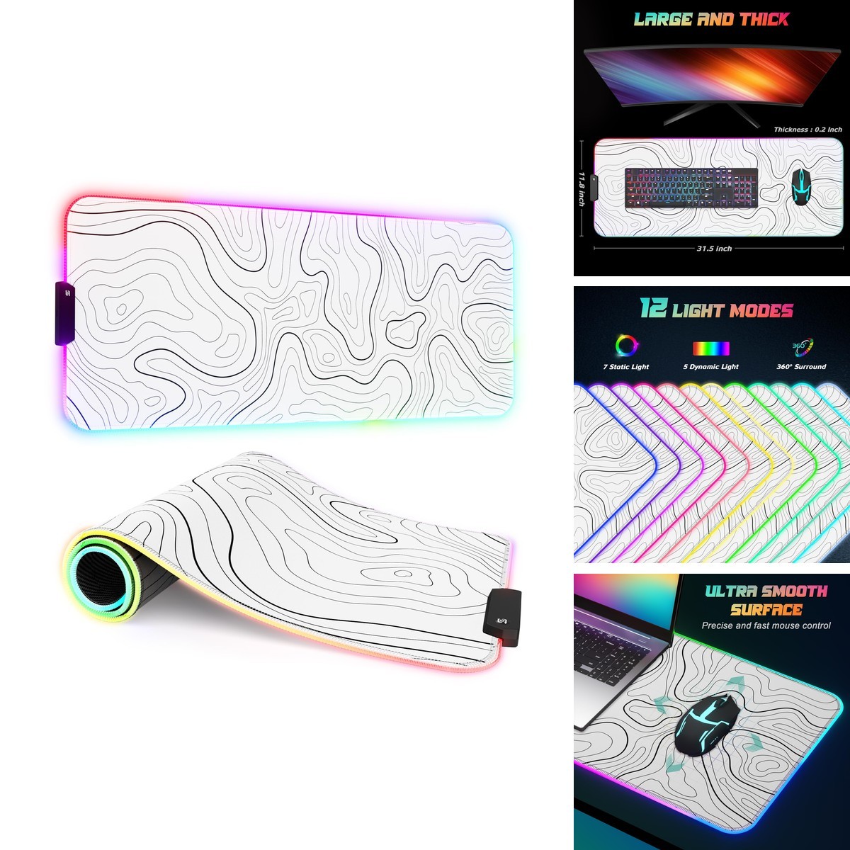 ITNRSIIET RGB Gaming Mouse Pad XL Extended 32 x 12 inches Topographic Contour
