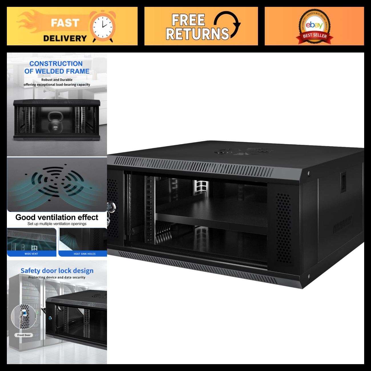 6U Wall Mount Network Rack Enclosure Cabinet - Lockable Glass Door, Black IT Sto