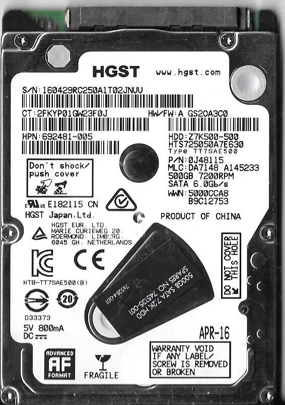 HGST HTS725050A7E630 500GB Sata Hard Drive P/N: 0J48115 MLC: DA7148