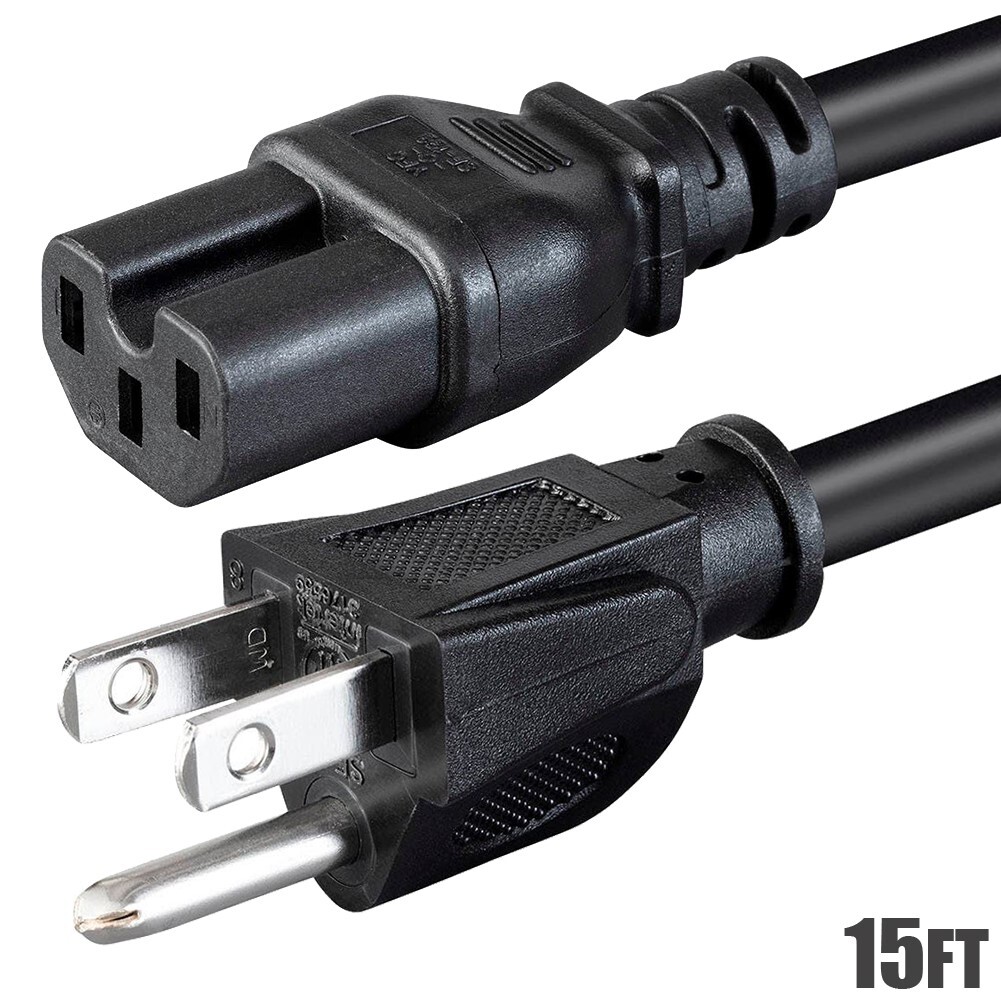 15FT Power Cable Cord NEMA 5-15P Male to IEC 60320 C15 Female 14/3 Gauge Black
