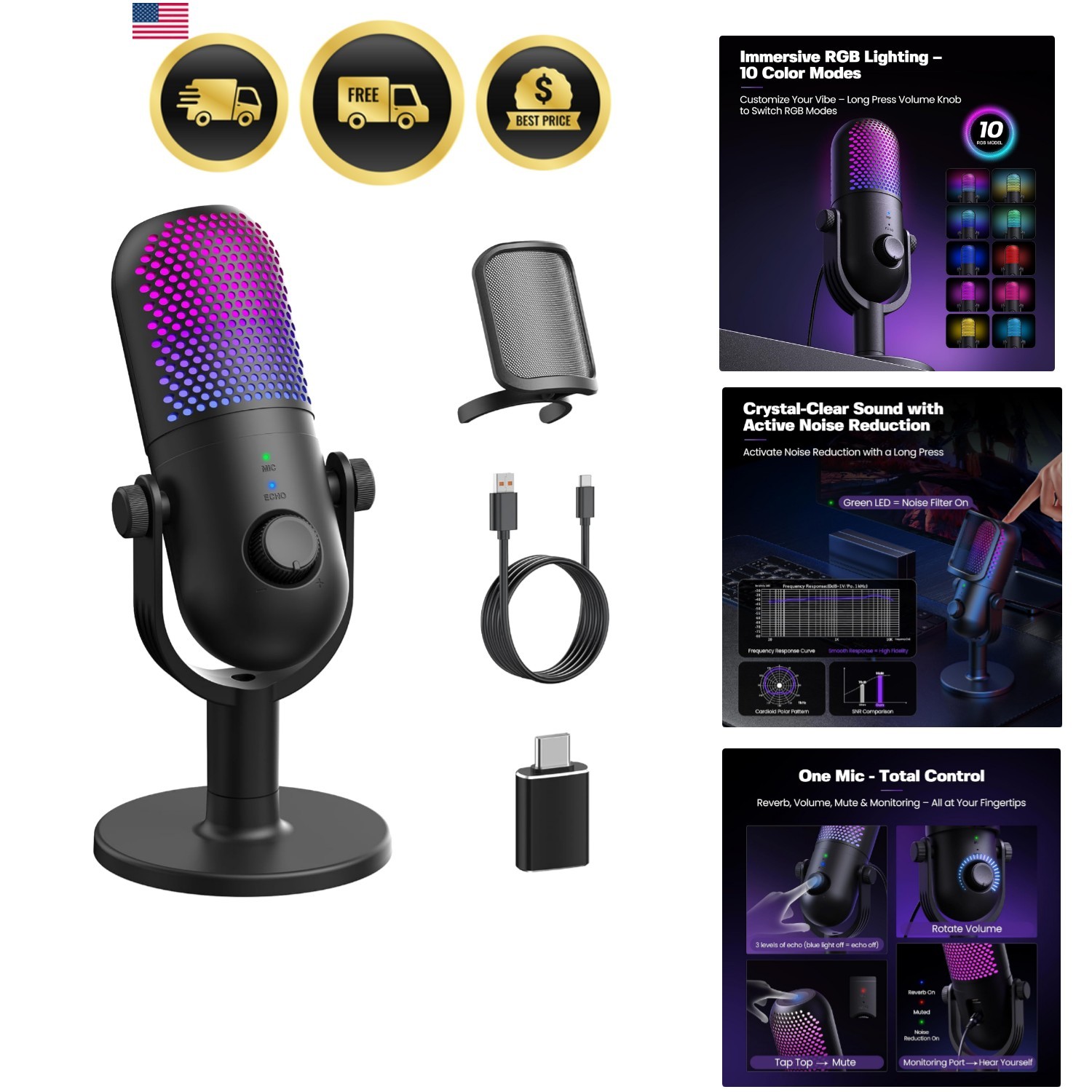 USB Microphone for PC Gaming: Condenser Microphone RGB for Gamer with Stand M...