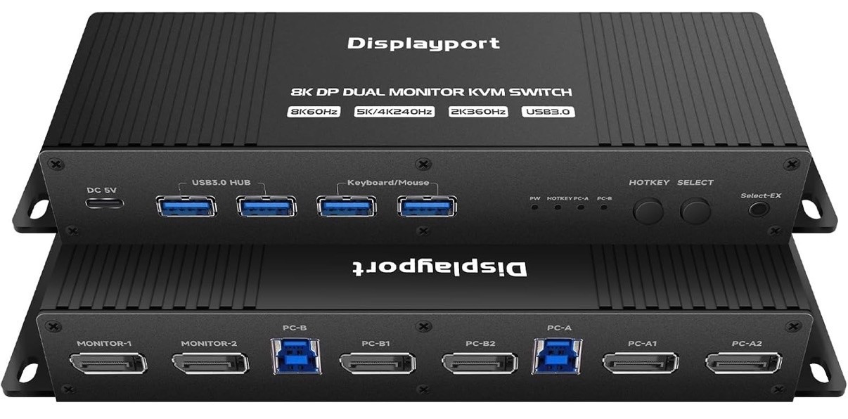 GiantMatrix 8K DP Dual Monitor KVM Switch 2 PC USB 3.0 Wired Remote Black