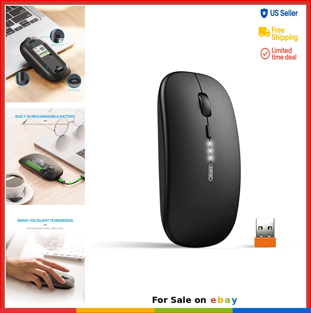 Slim Wireless Mouse Rechargeable 2.4G Silent Cordless 700mAh Battery 4 DPI USB