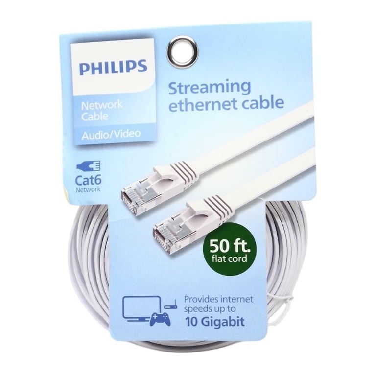 Philips Cat6 Ethernet Cable, 50 ft. Flat 10Gbps Speed Streaming Ethernet - White