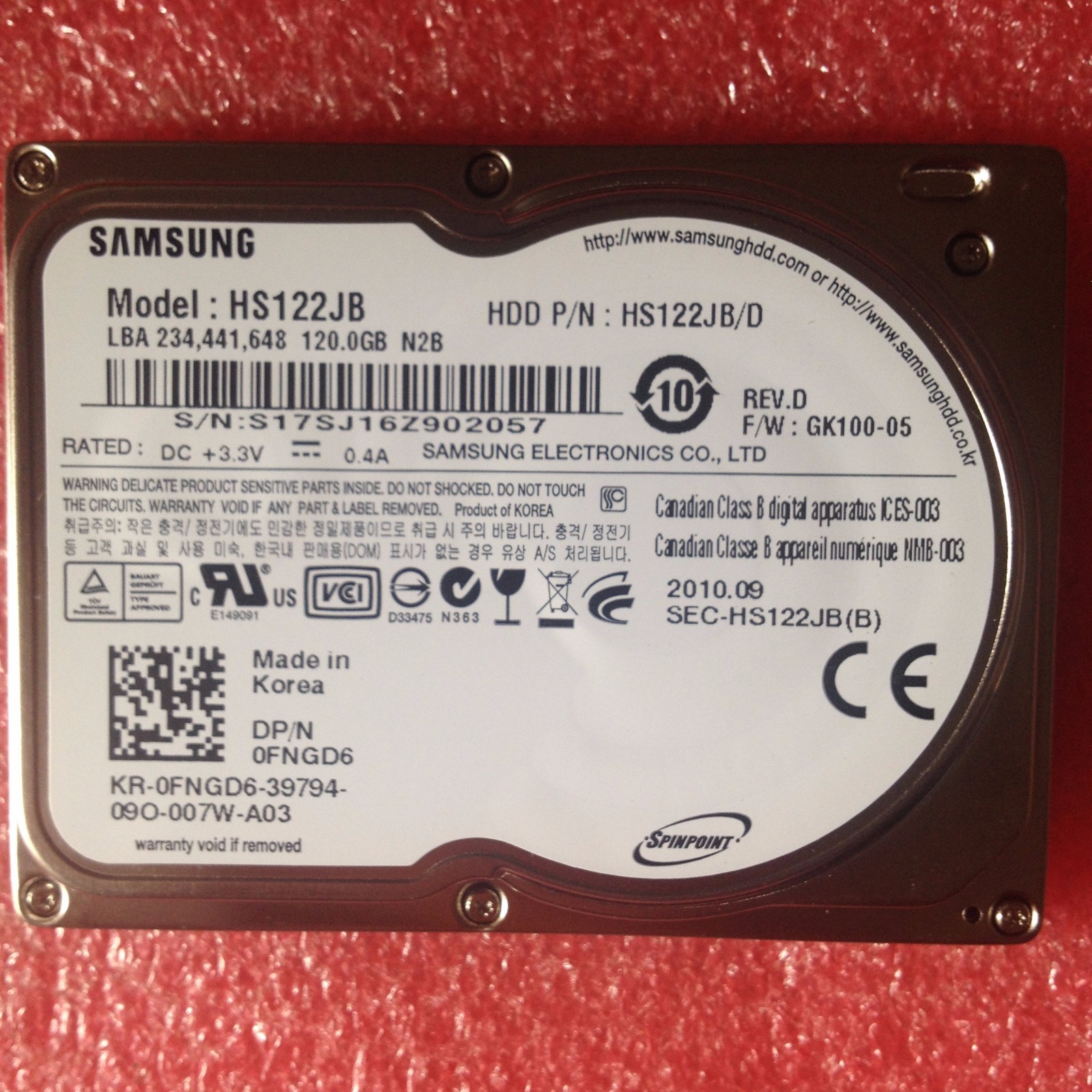 Samsung Spinpoint N2 120 GB,Internal,4200 RPM,1.8" (HS122JB) Hard Drive