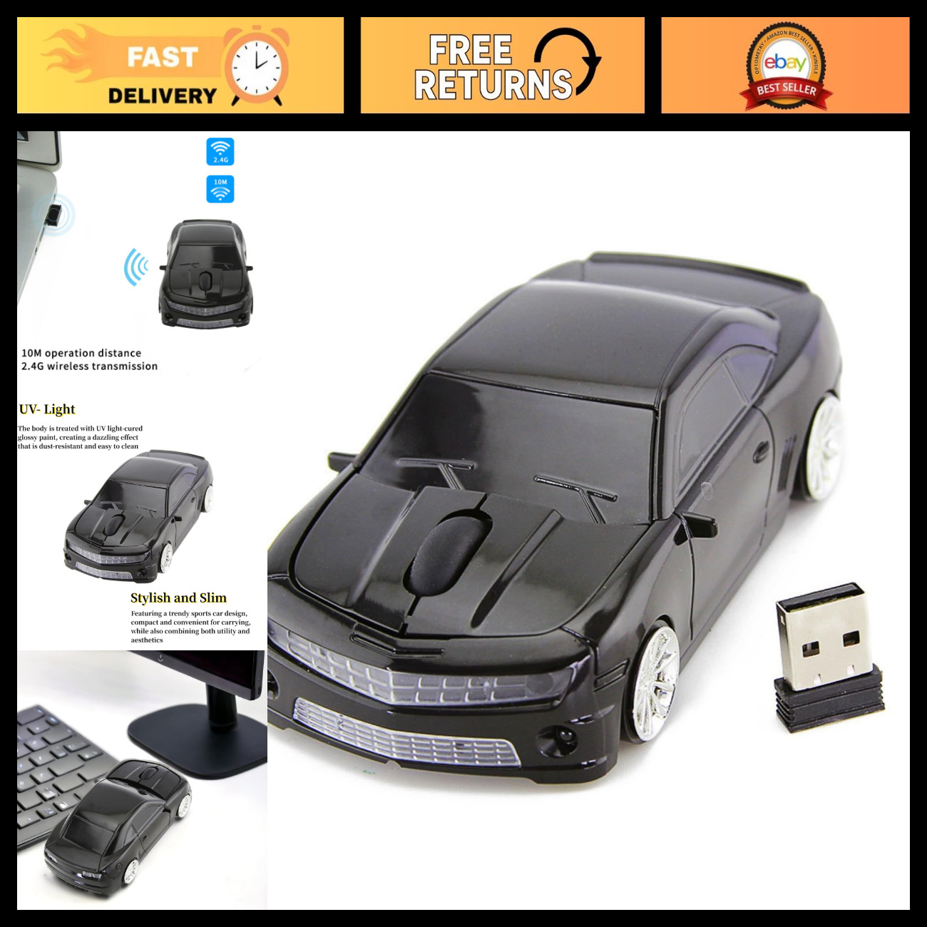 Wireless Sport Car Shape Mouse - Optical 2.4GHz USB Laptop/Desktop Mice, LED Hea
