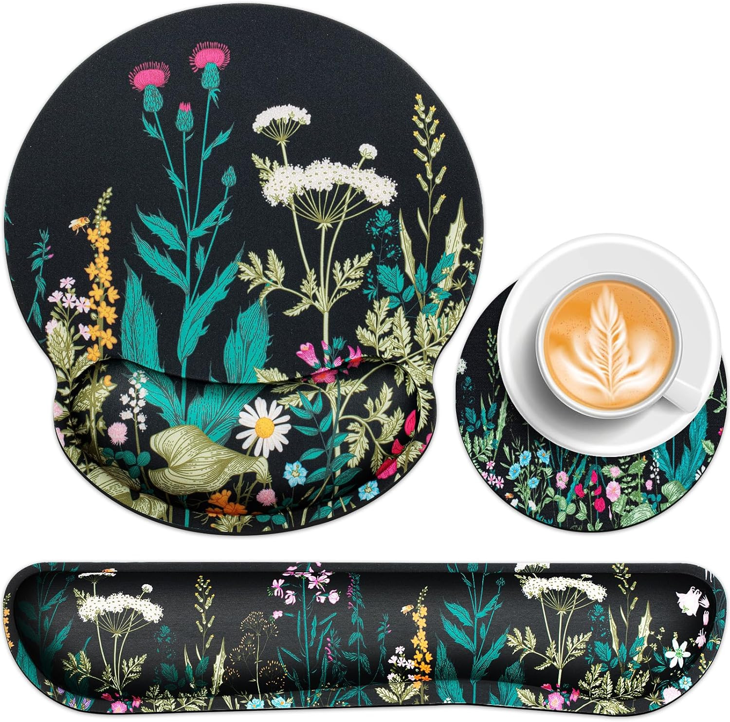 Mouse Pad with Wrist Rest Set,  3-in-1 Wrist Support Mouse Pad Set, Floral Ga...