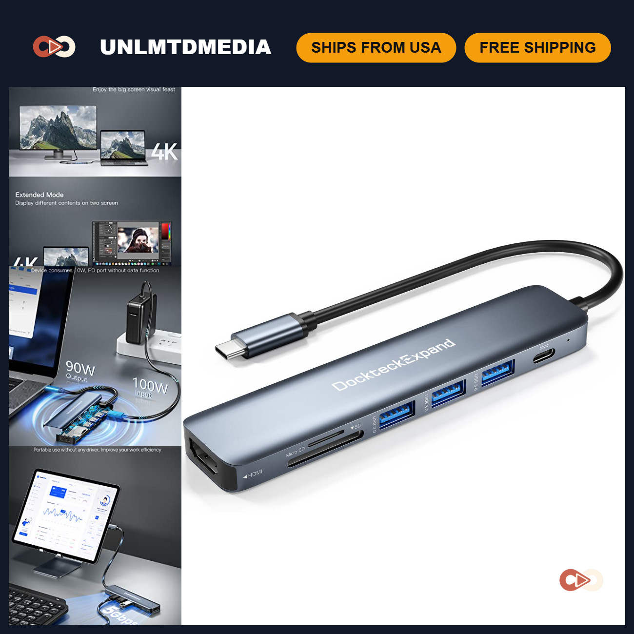 7-in-1 USB-C Hub Multiport Adapter, Expandable Dock with HDMI, USB 3.0, SD Card