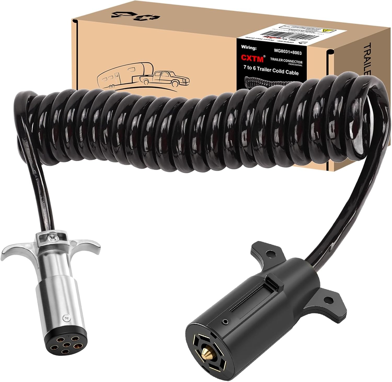 7 Pin to 6 Pin Trailer Adapter, Coiled Trailer Cord Stretches to 7-Wire 8 Feet