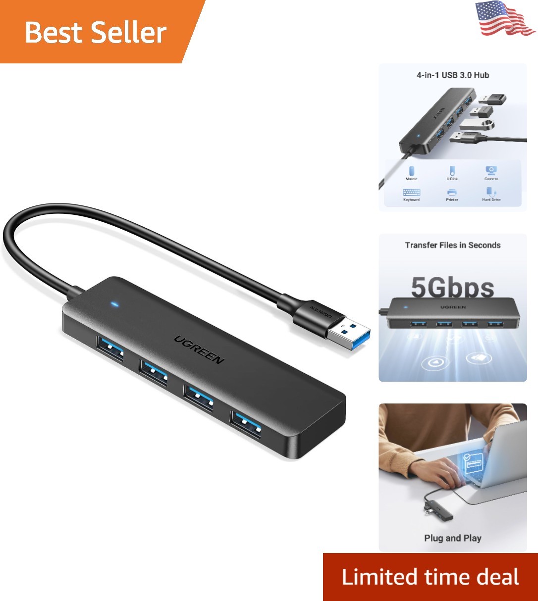 4-Port USB 3.0 Hub - Quick File Transfer and Plug & Play Compatibility, 0.5 ft